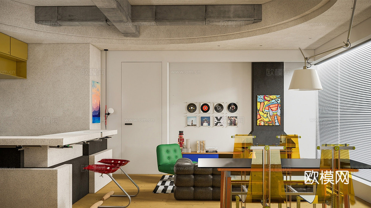 现代客餐厅 包豪斯客 中古客椅组合 小公寓su模型