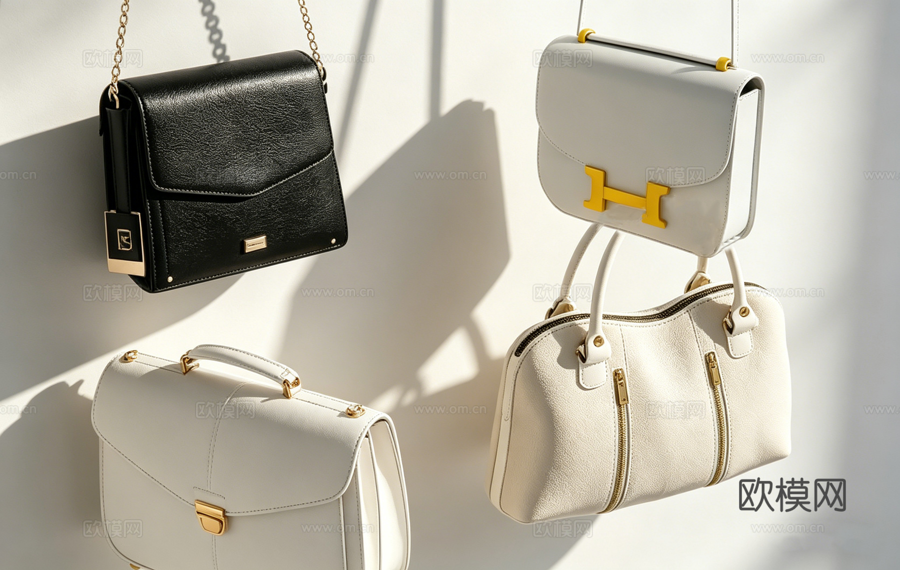 现代简约时尚箱包 商业静物 悬挂展示 黑白色手提包 链条包su模型