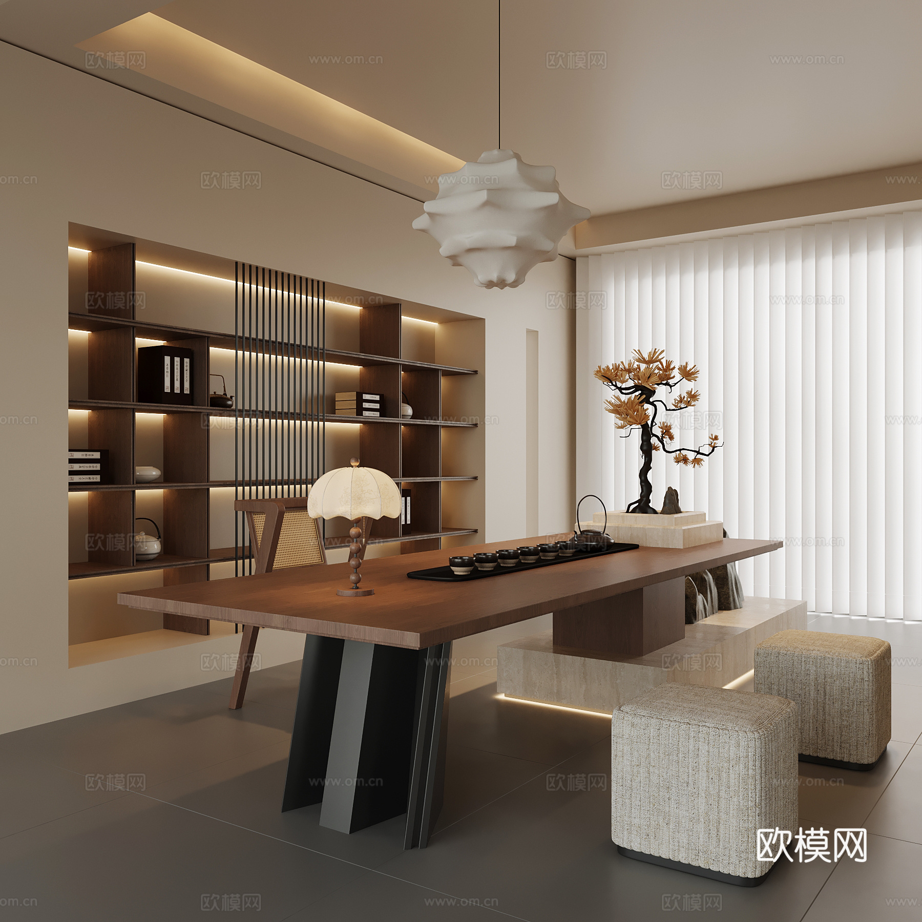 中古风茶室 茶柜背景墙 茶桌椅su模型