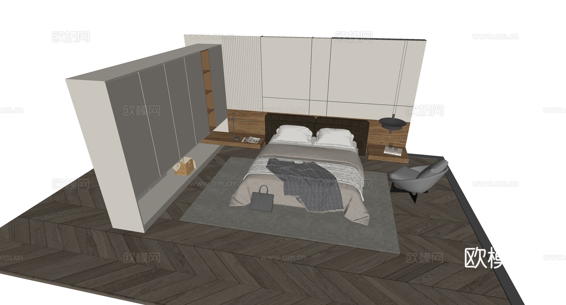 现代简约温馨主卧场景 深棕色高床头软包床 格子毯 人字拼地板su模型