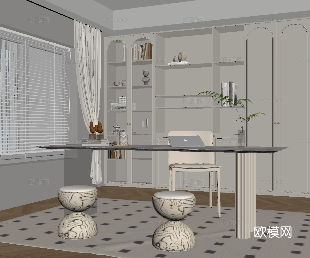 法式奶油风书房 书桌椅 书柜su模型