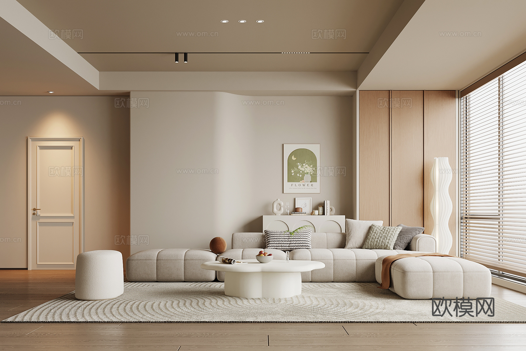 奶油风客厅 背景墙 沙发茶几组合su模型