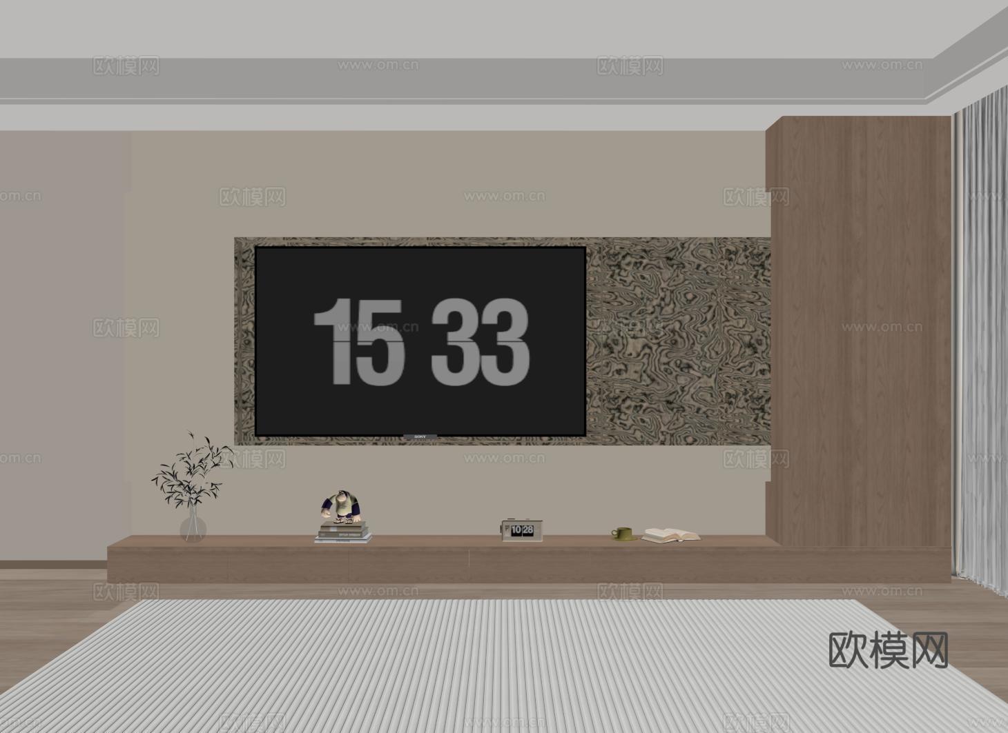 意式电视背景墙 现代电视背景柜 收纳储物电视柜一体su模型