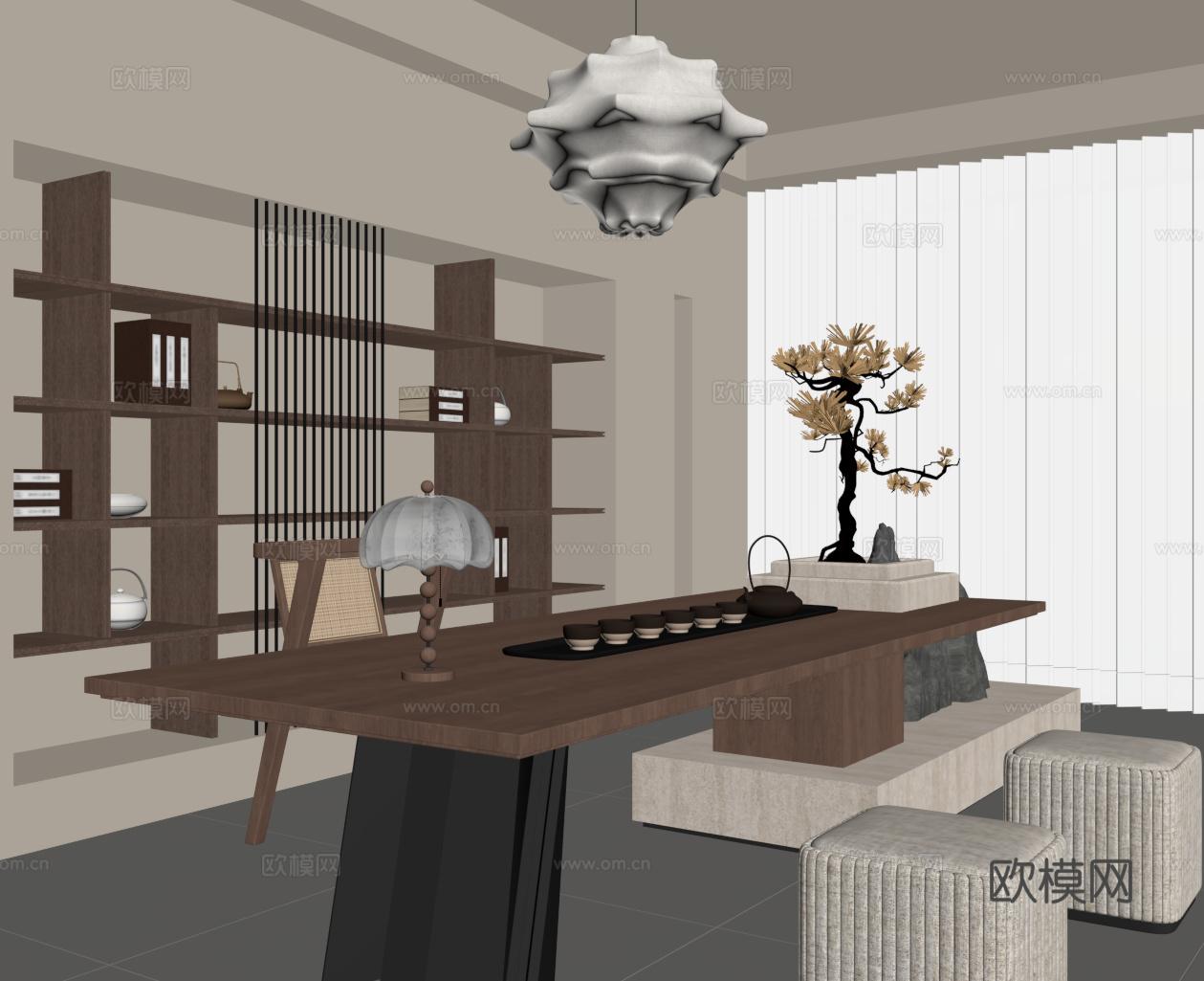 中古风茶室 茶柜背景墙 茶桌椅su模型