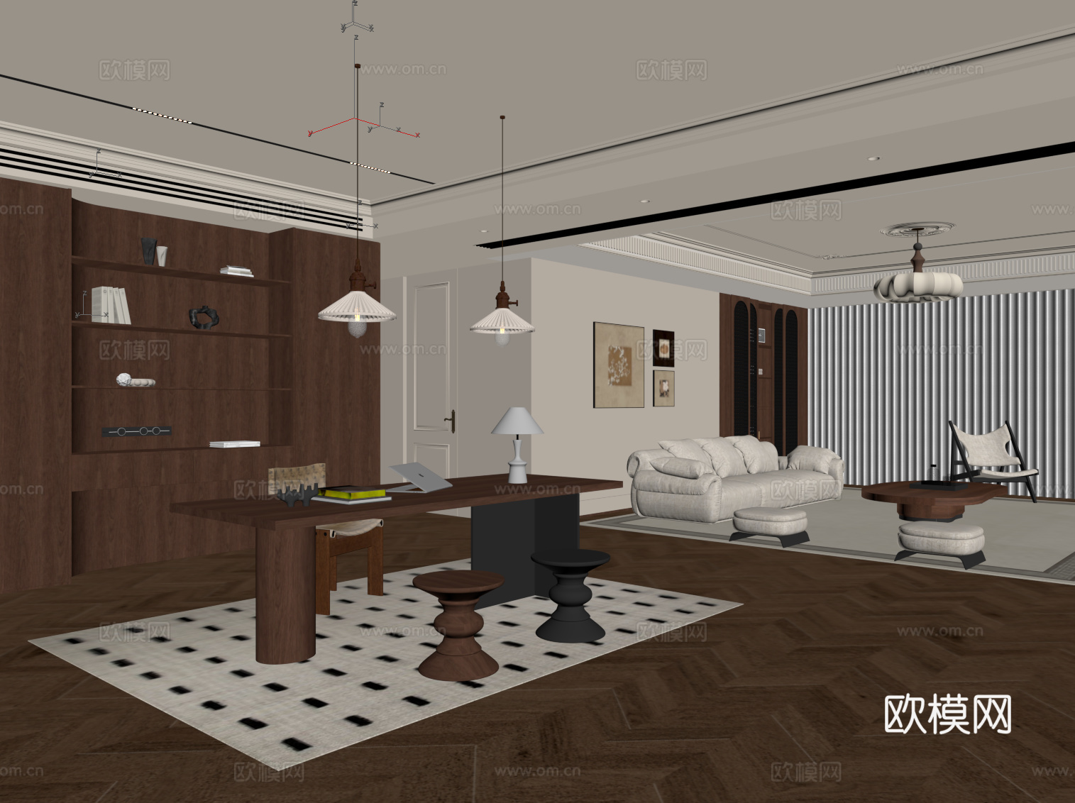 中古风客厅 沙发茶几组合 背景墙 开放式书房su模型