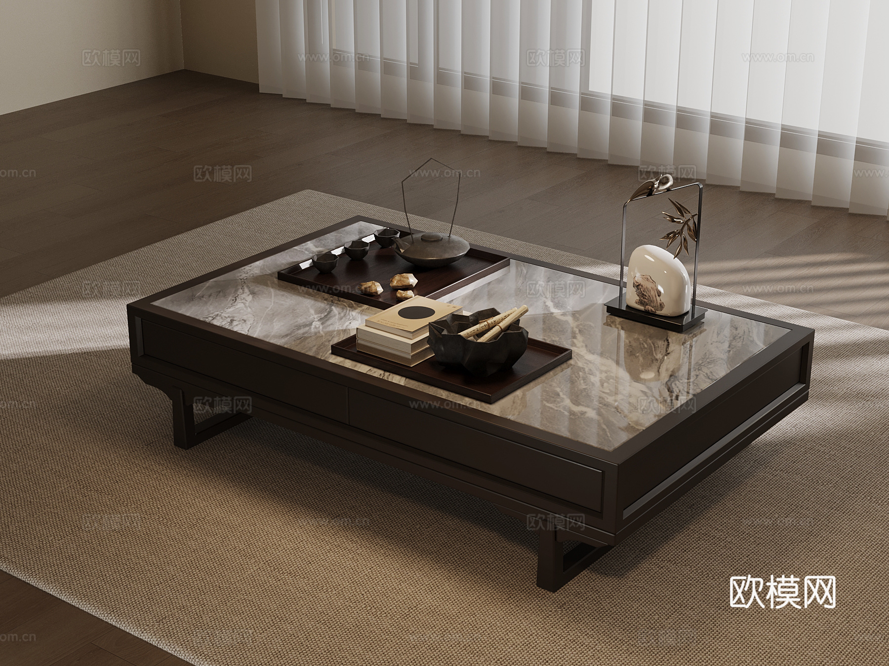 新中式茶几 方形茶几su模型