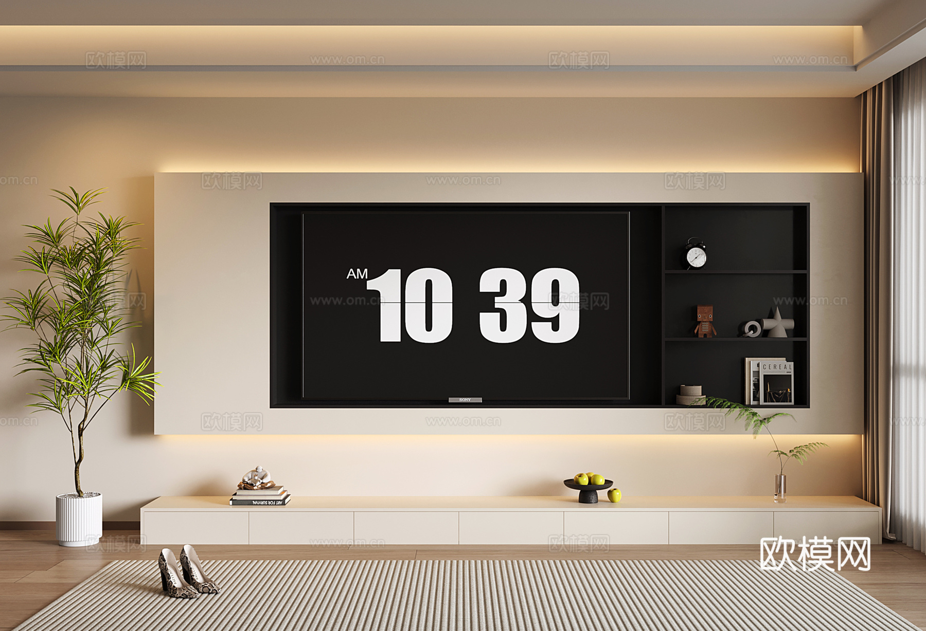 奶油风电视背景墙 现代开放格电视背景墙 落地电视柜su模型