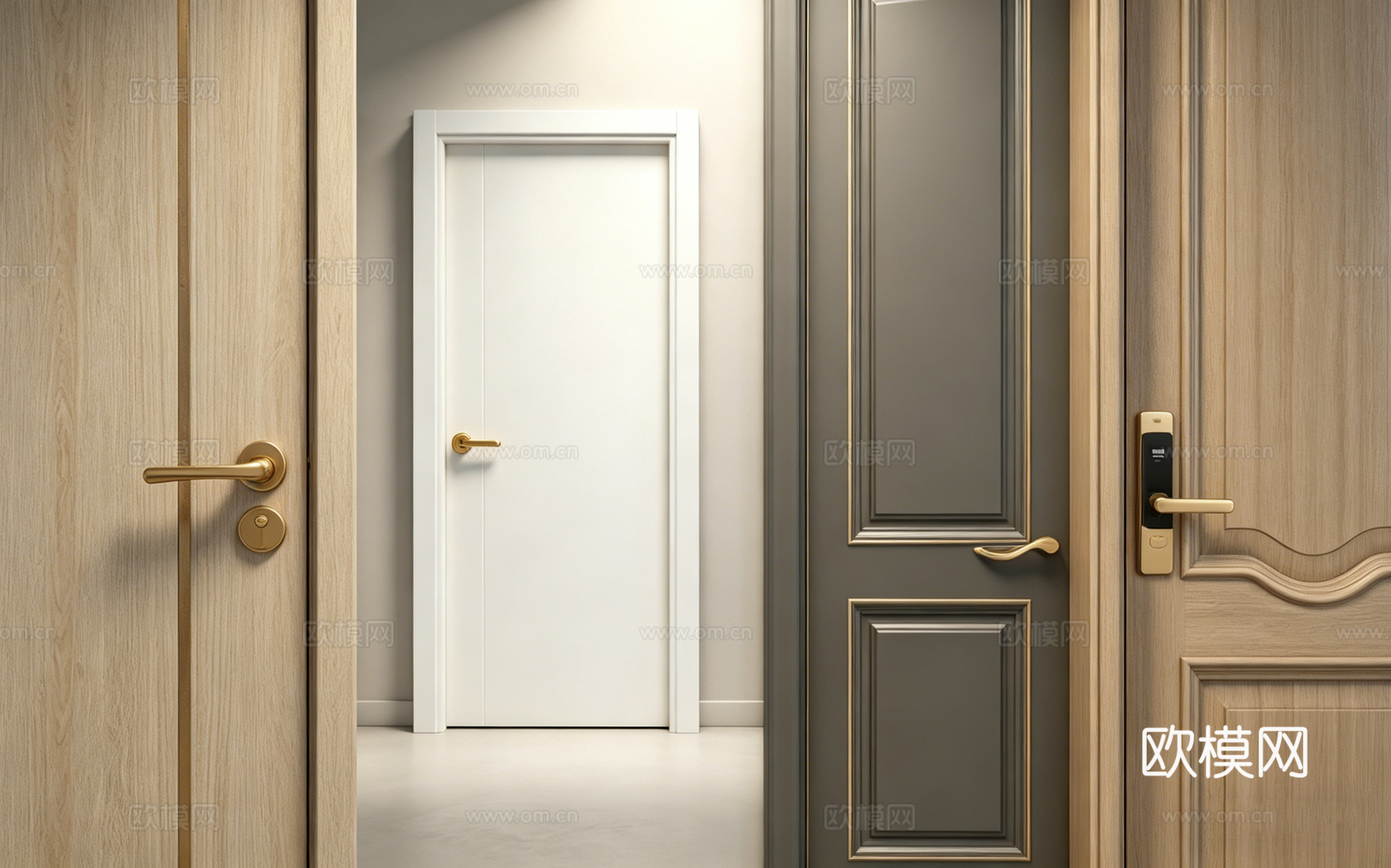 现代简约室内门四款式 平板金边电子锁款 多把手 室内门模型su模型
