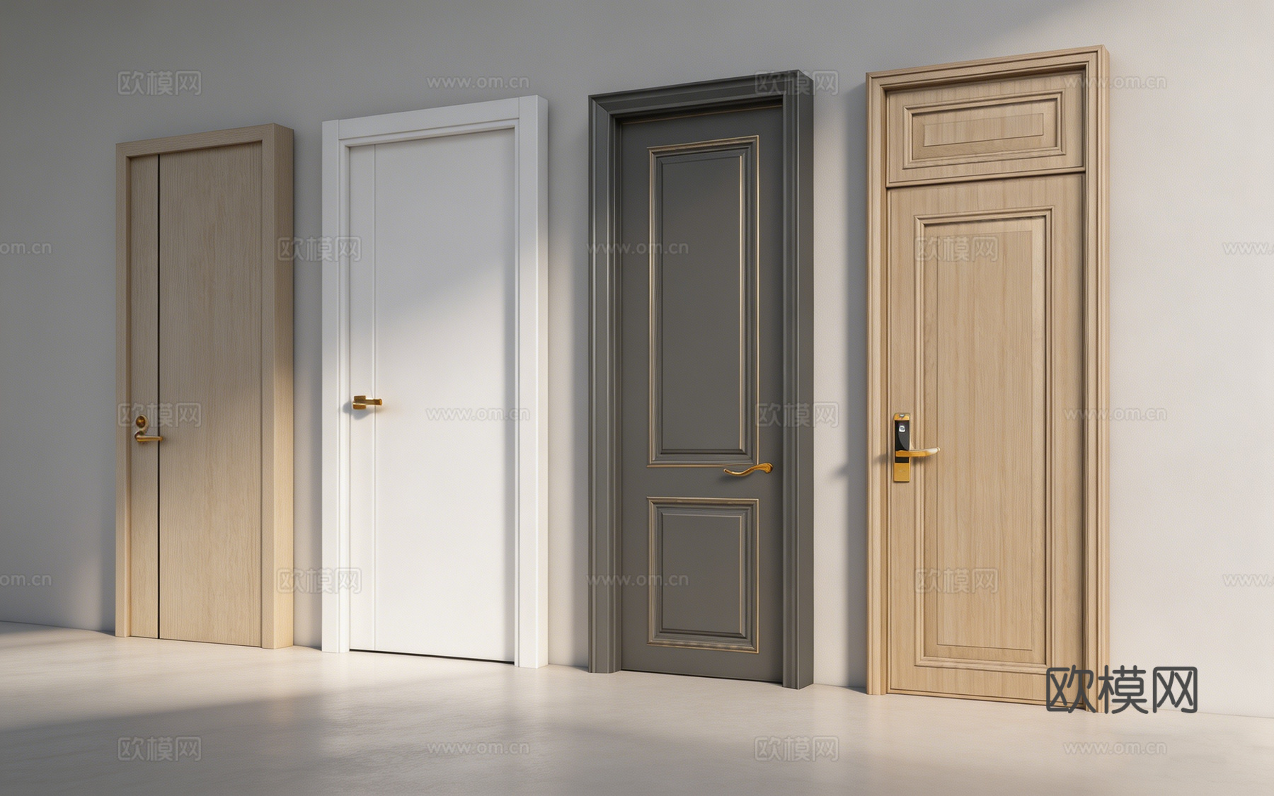 现代简约室内门四款式 平板金边电子锁款 多把手 室内门模型su模型