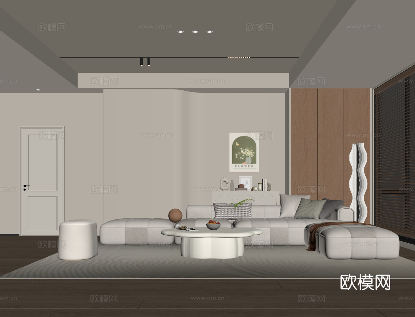 奶油风客厅 背景墙 沙发茶几组合su模型