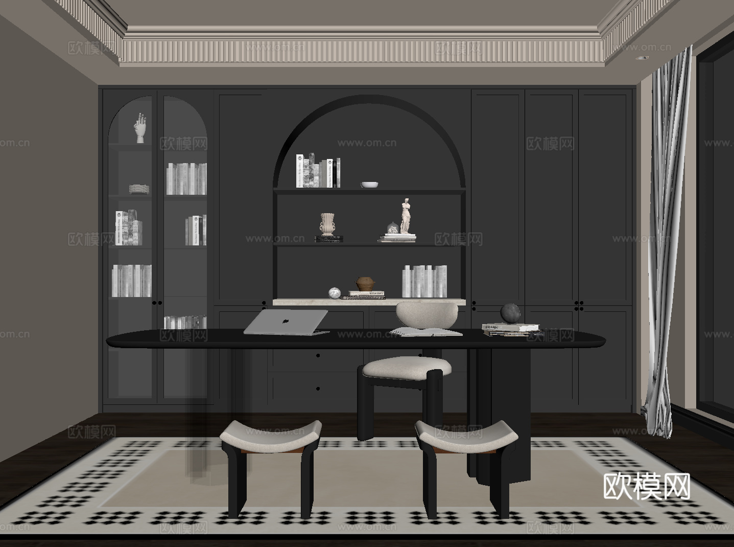 法式复古书房 书桌椅 书柜su模型