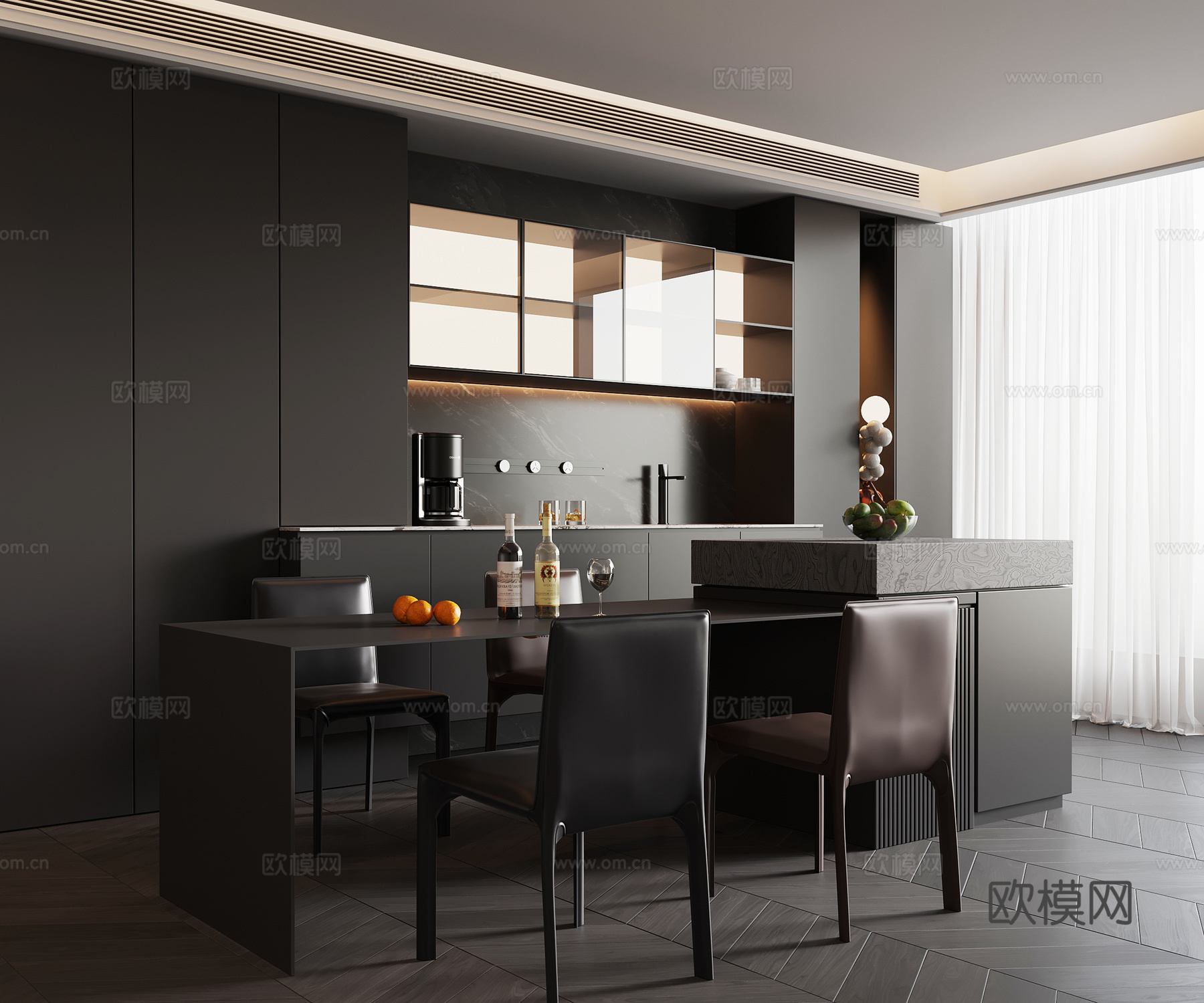 现代意式餐厅 餐桌椅 岛台 餐边柜su模型