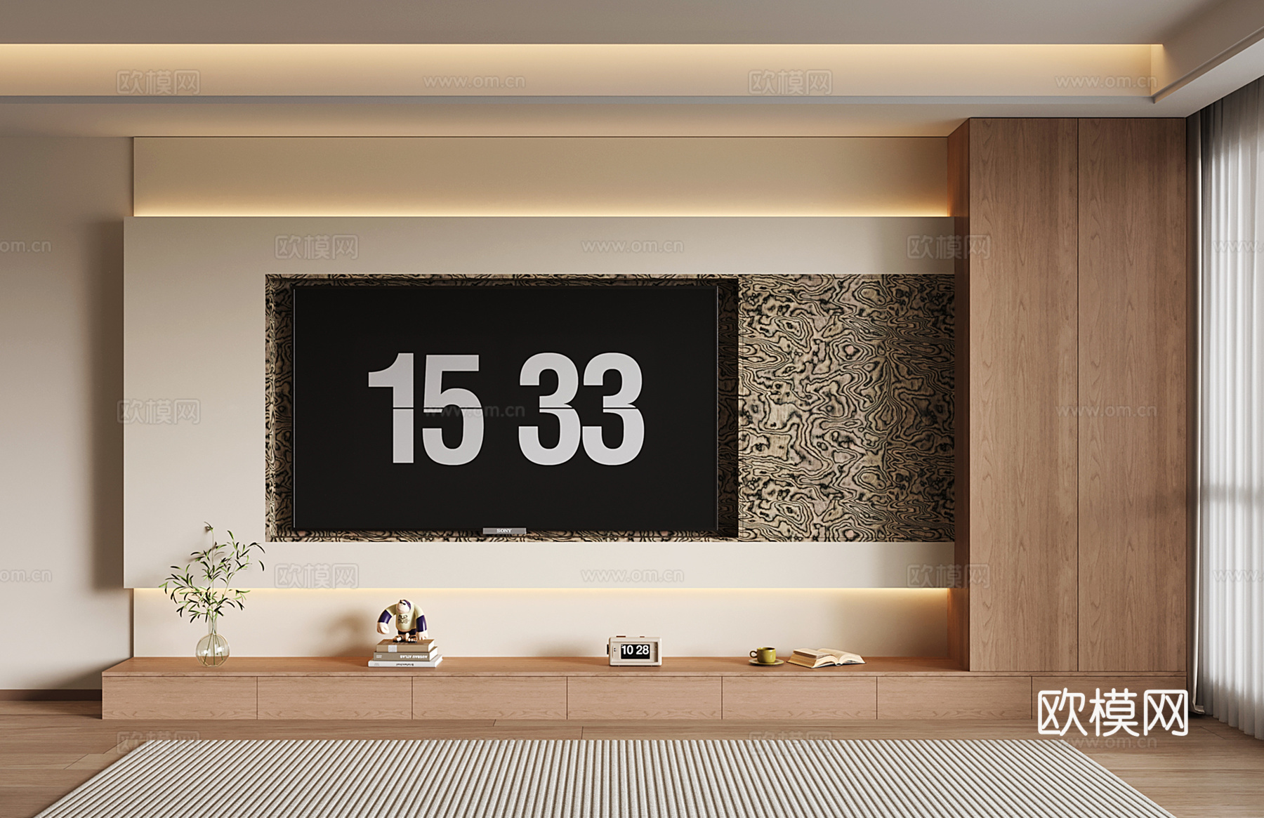 意式电视背景墙 现代电视背景柜 收纳储物电视柜一体su模型