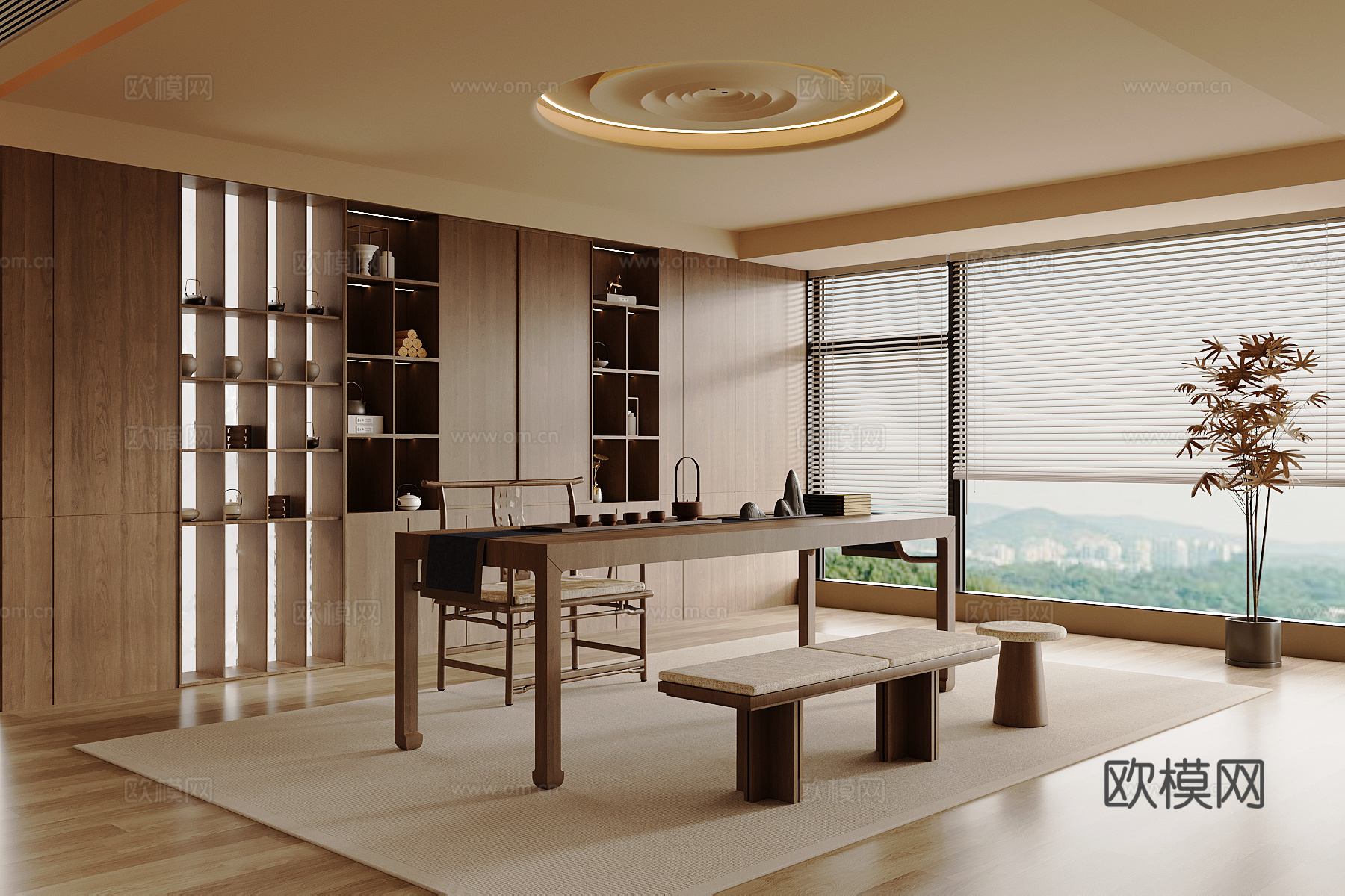 新中式茶室 实木茶桌椅 茶柜su模型