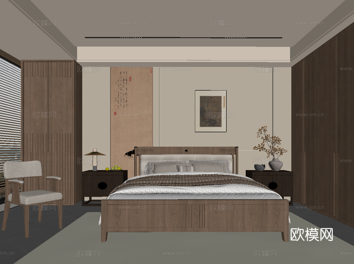 新中式卧室 双人床 衣柜 床头柜 背景墙su模型