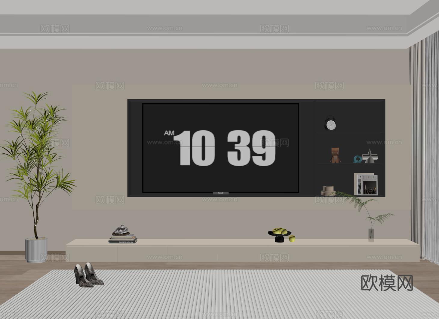 奶油风电视背景墙 现代开放格电视背景墙 落地电视柜su模型