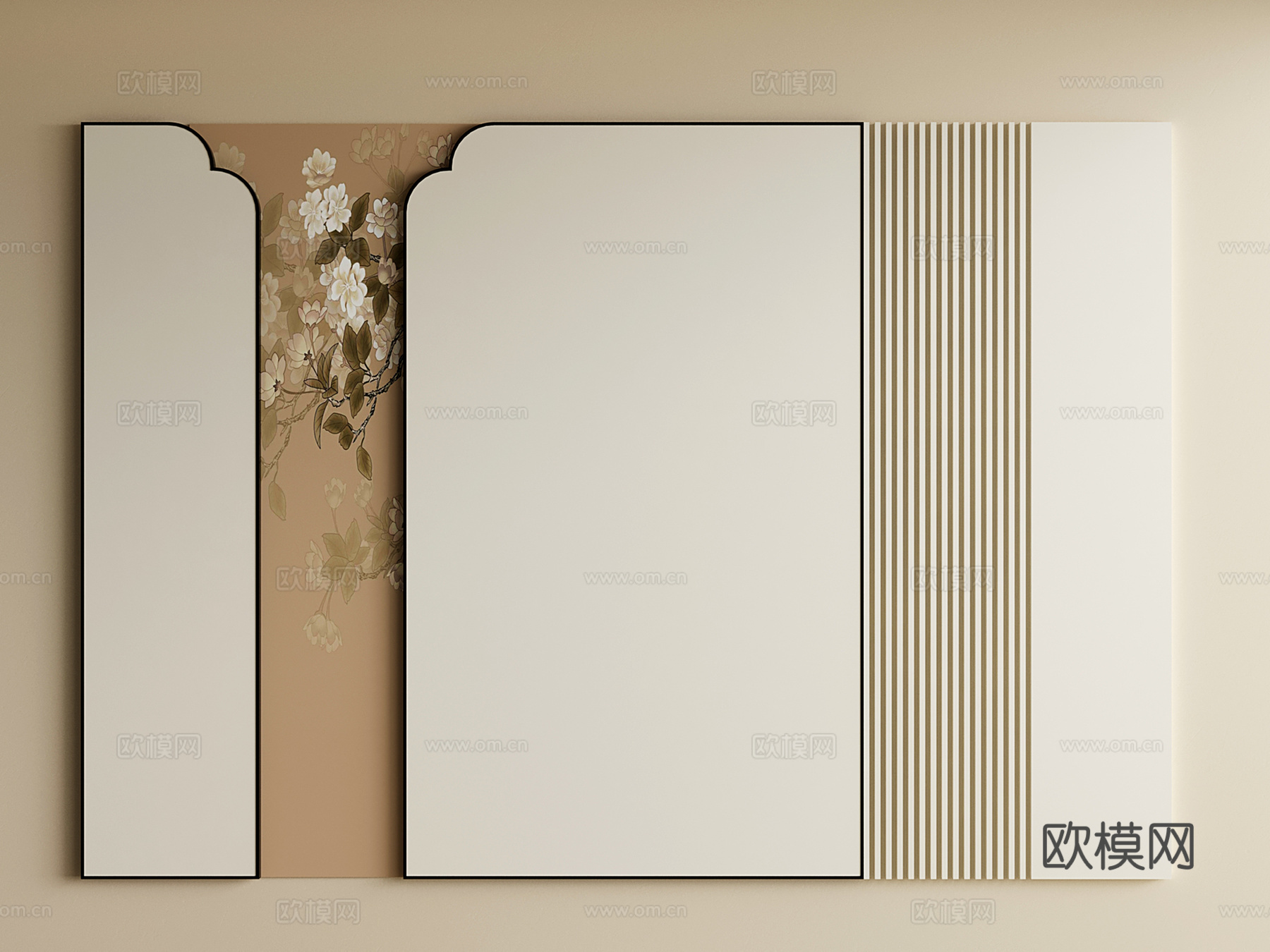 新中式床头背景墙 宋氏卧室背景墙su模型