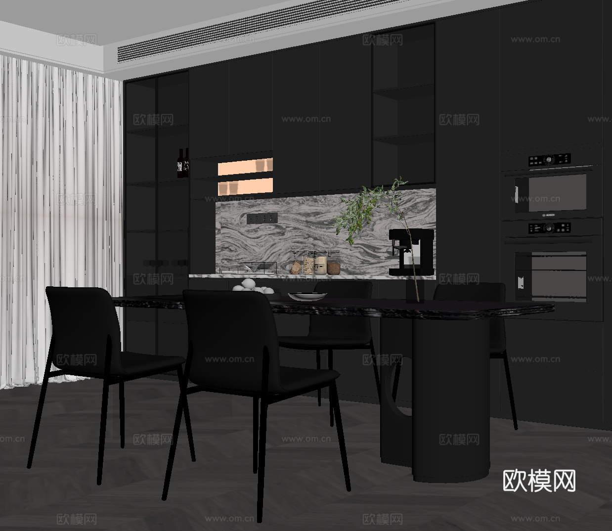 现代餐厅 餐桌椅 酒柜su模型