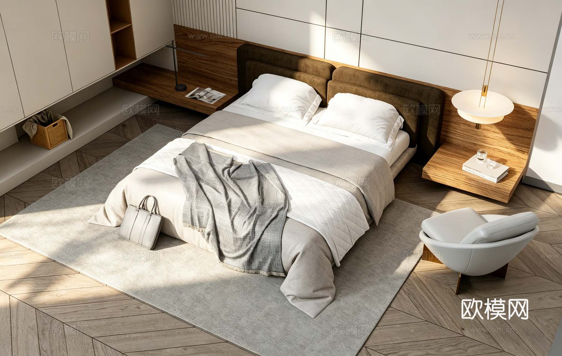 现代简约温馨主卧场景 深棕色高床头软包床 格子毯 人字拼地板su模型