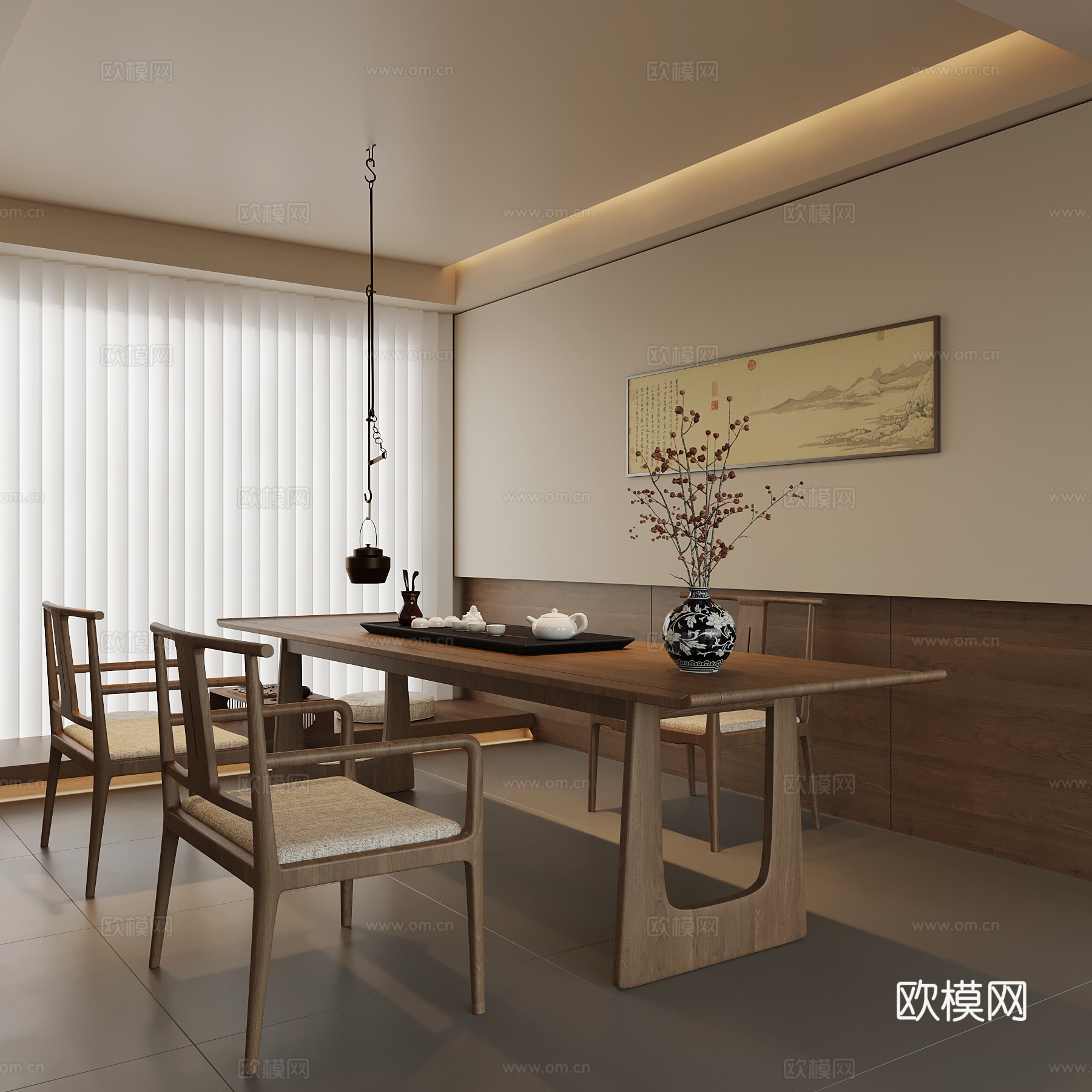 新中式茶室 实木茶桌椅 背景墙 茶台su模型