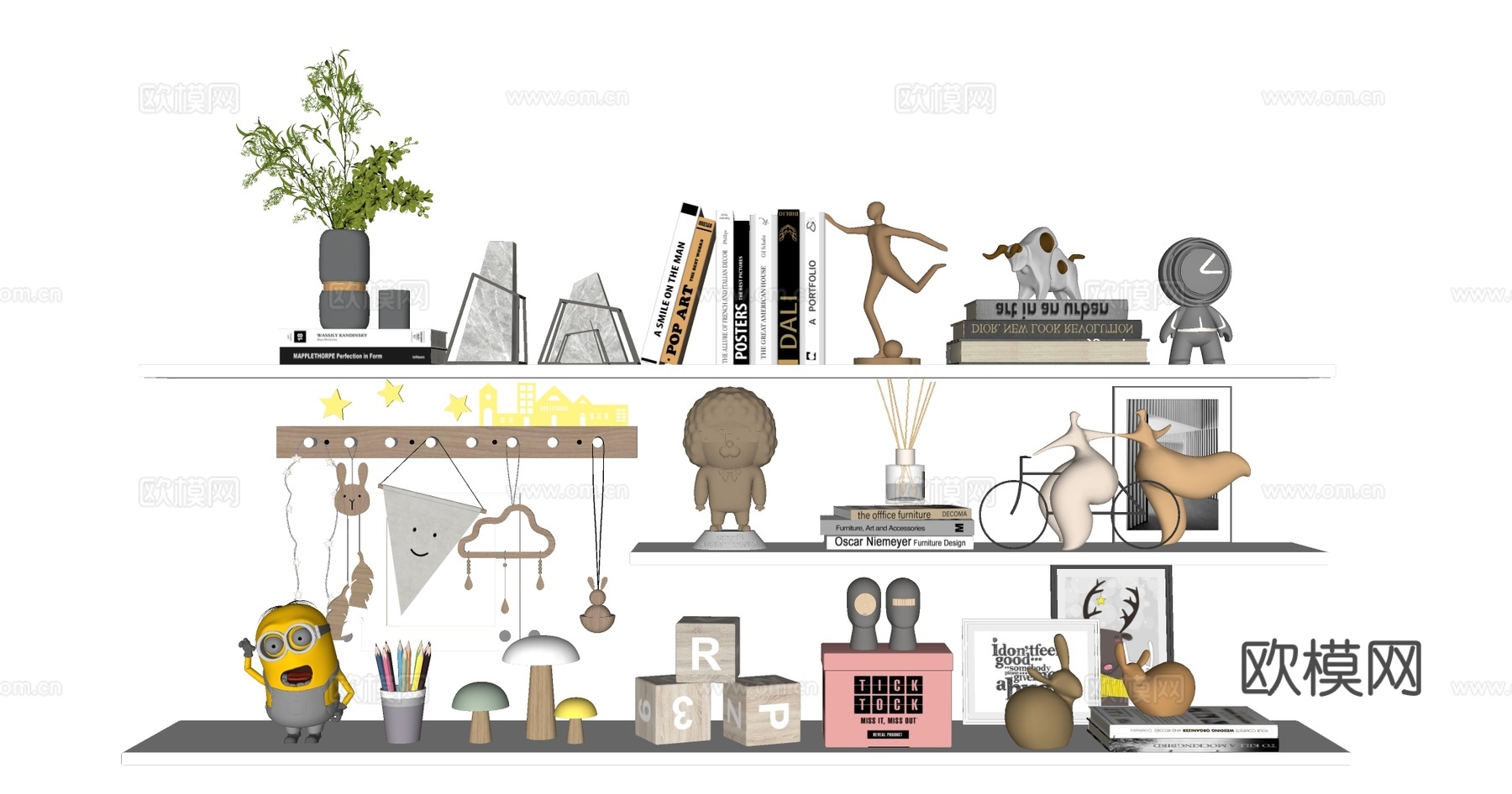 ins风波普趣味儿童房墙面收纳系统 三层架挂钩板含小黄人 摆su模型