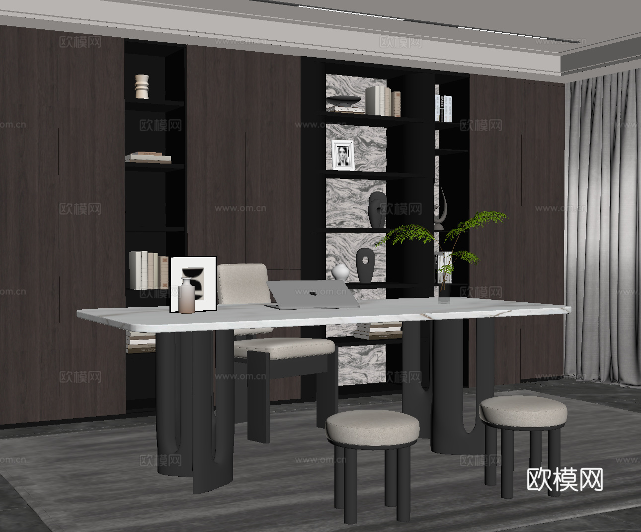 现代意式书房 书桌椅 书柜su模型