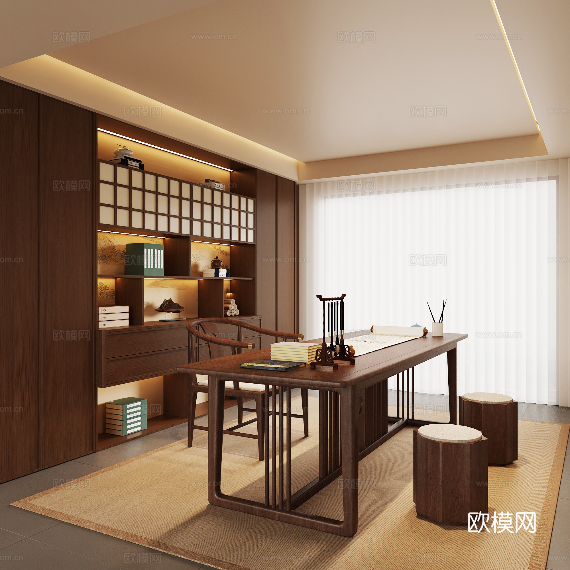新中式书房 书桌椅 书柜 宋氏风书房su模型