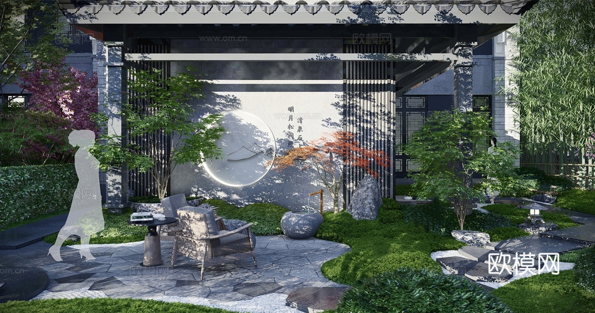 新中式禅意庭院 庭院景观 庭院景墙 庭院花园su模型