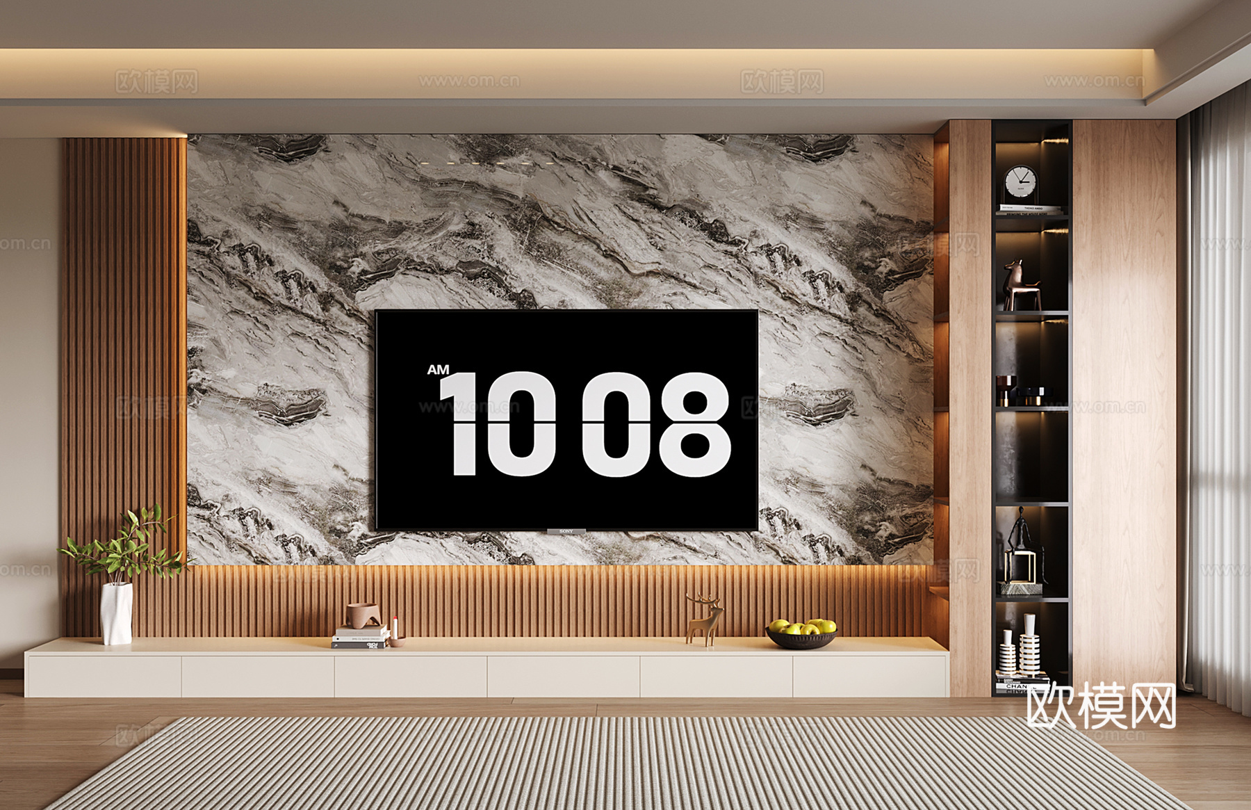 意式电视背景墙 现代岩板电视背景 木格栅 开放格电视柜一体su模型