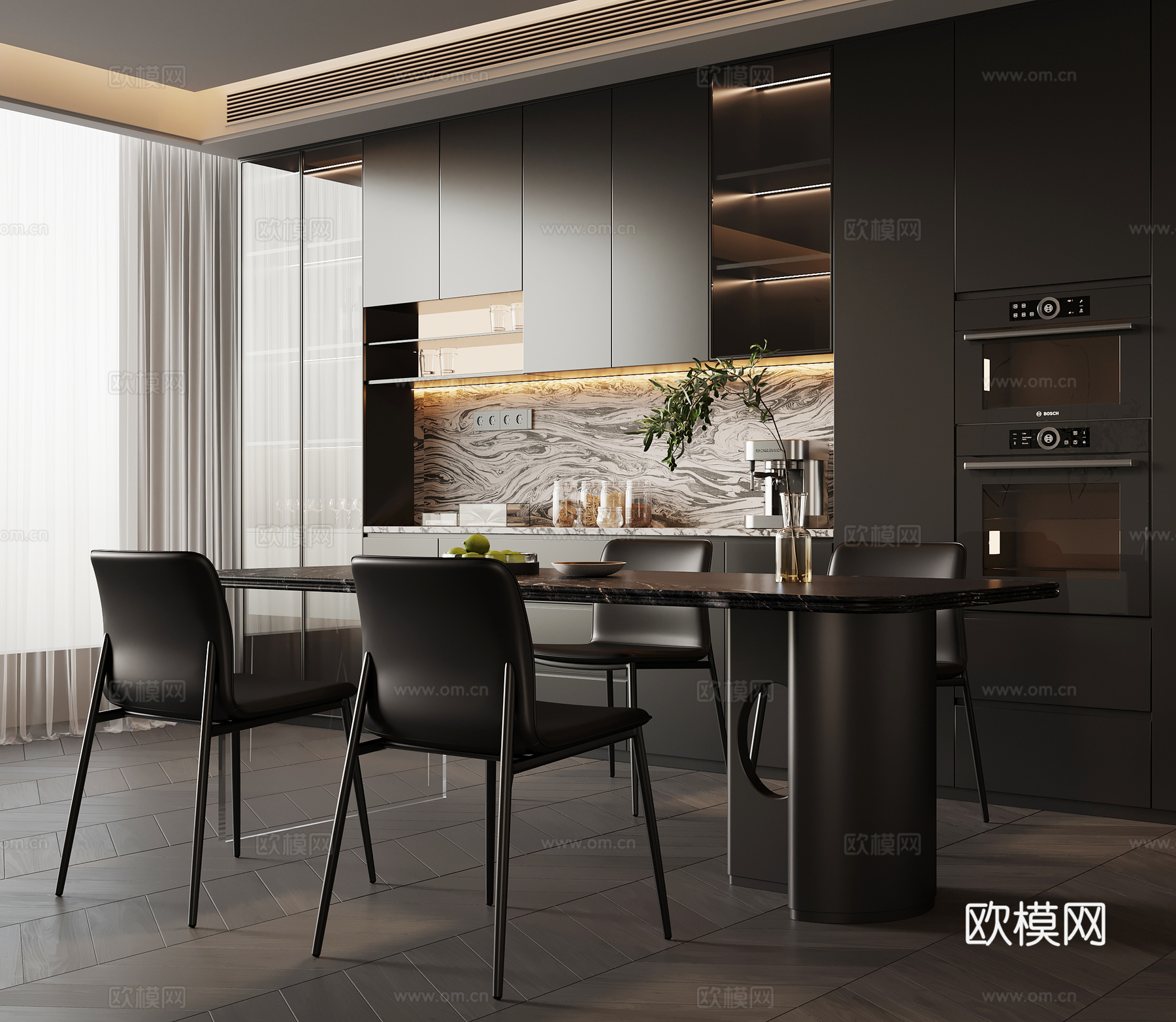 现代餐厅 餐桌椅 酒柜su模型
