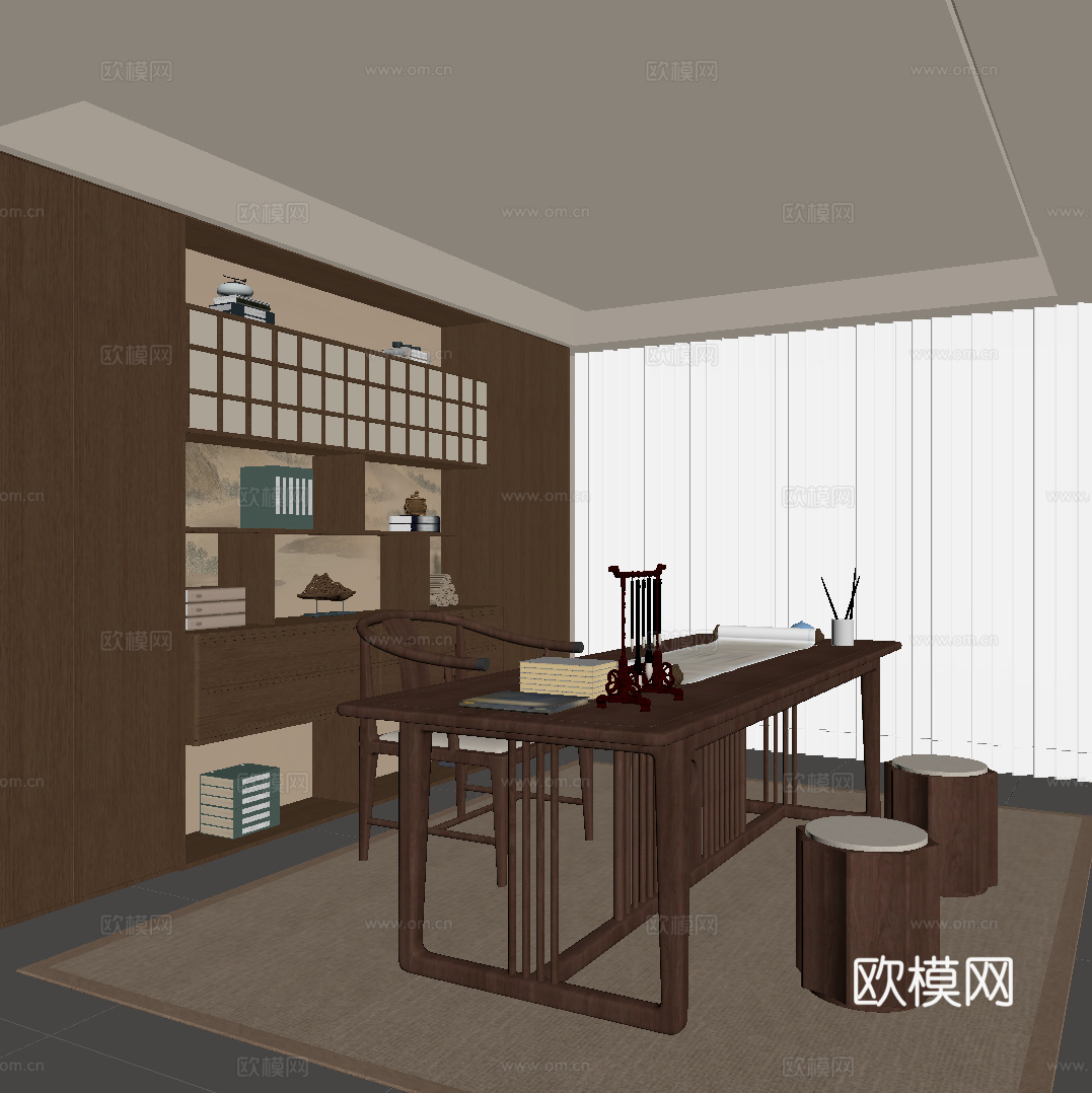 新中式书房 书桌椅 书柜 宋氏风书房su模型