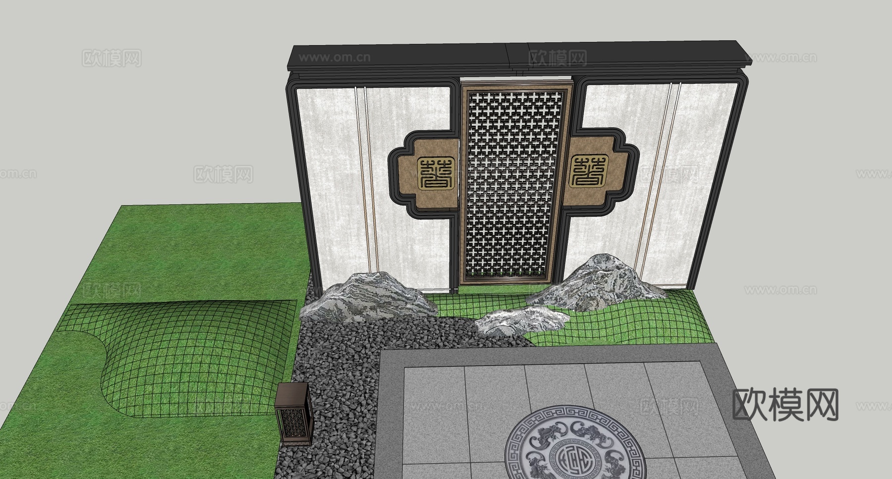 新中式禅意景墙 直线 庭院景墙 庭院 镂空su模型