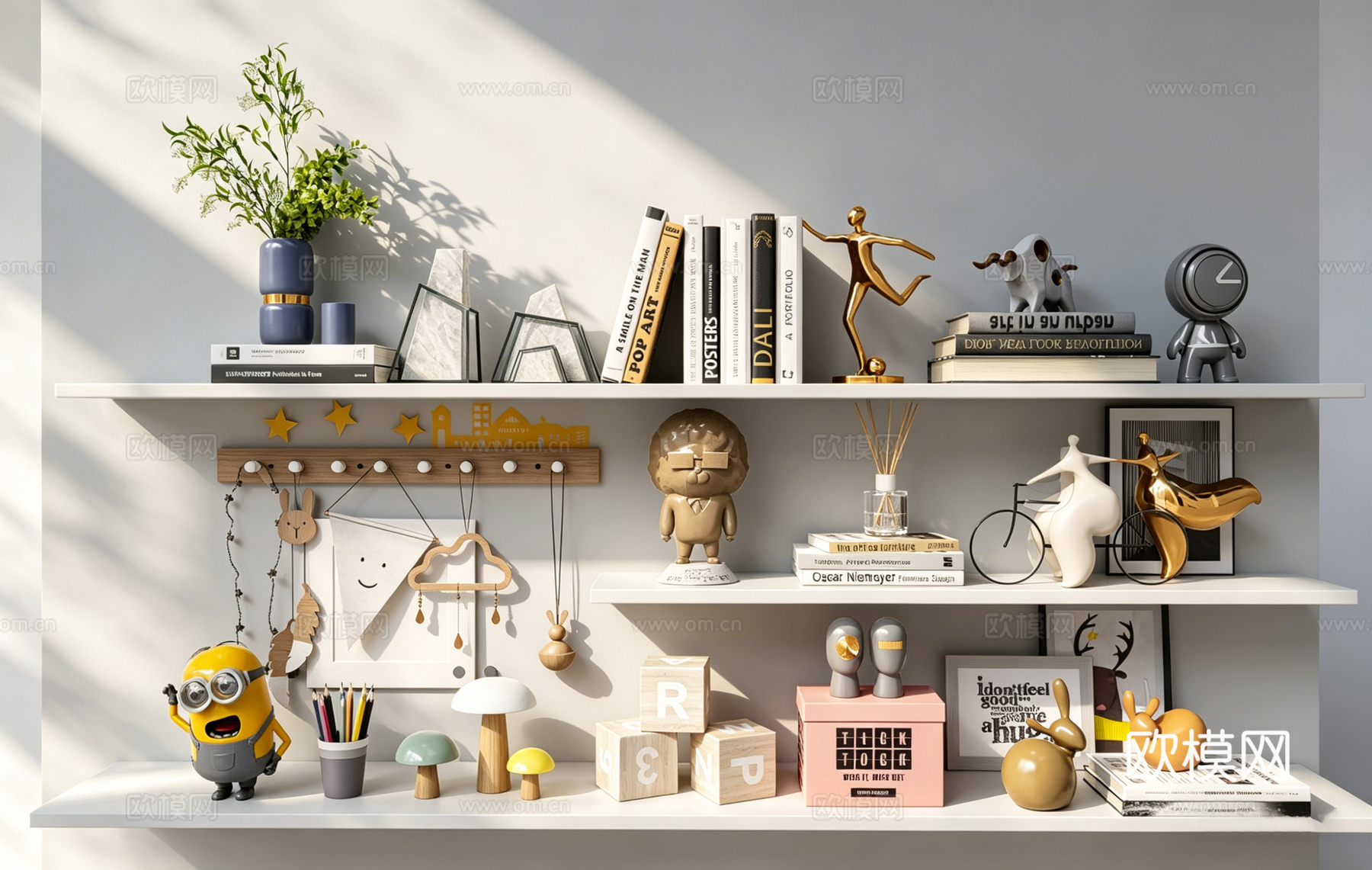 ins风波普趣味儿童房墙面收纳系统 三层架挂钩板含小黄人 摆su模型
