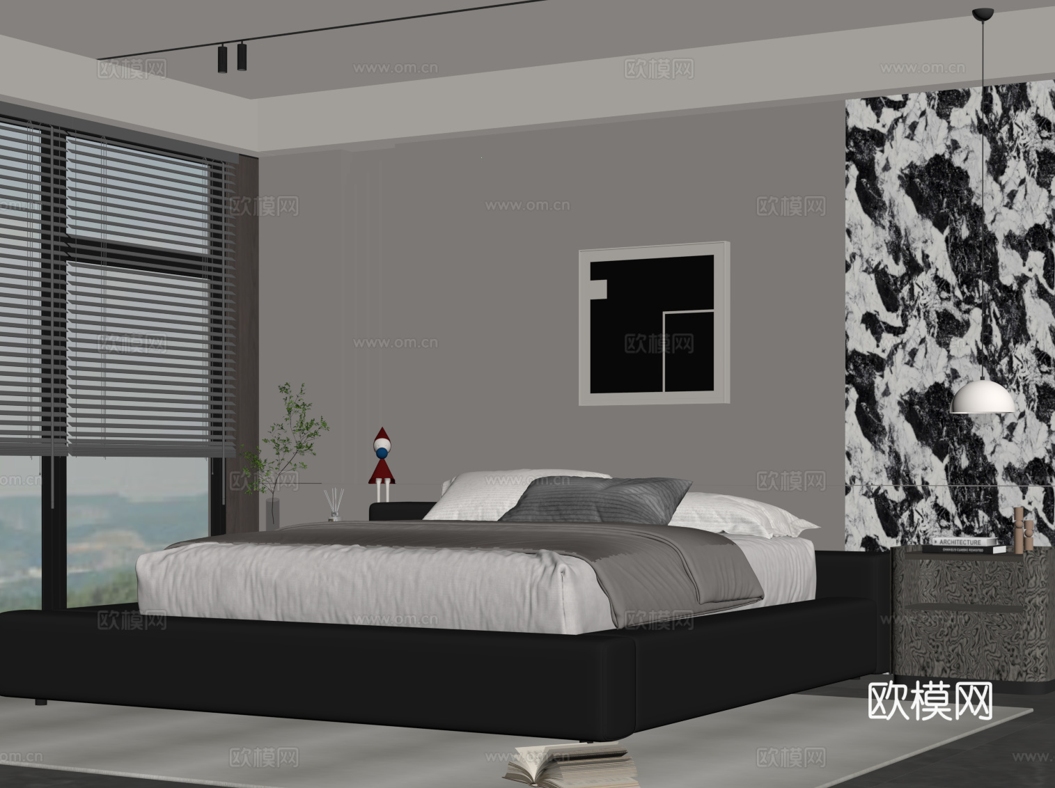 现代意式卧室 双人床 背景墙 床头柜su模型