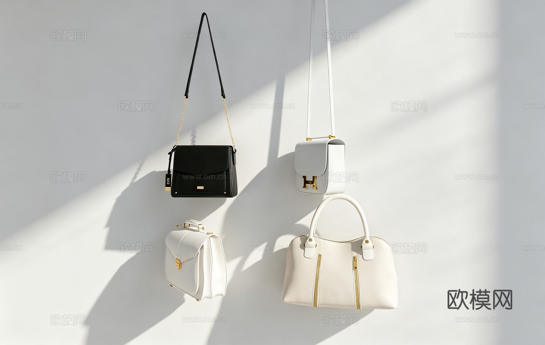 现代简约时尚箱包 商业静物 悬挂展示 黑白色手提包 链条包su模型