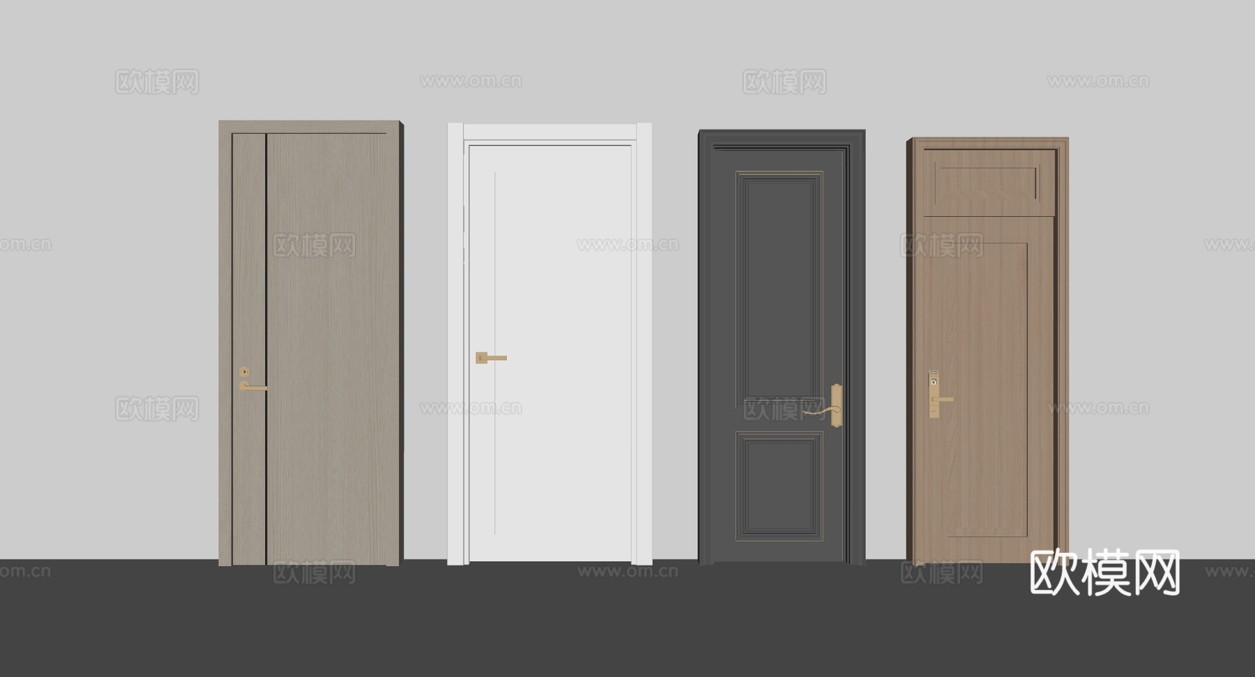 现代简约室内门四款式 平板金边电子锁款 多把手 室内门模型su模型