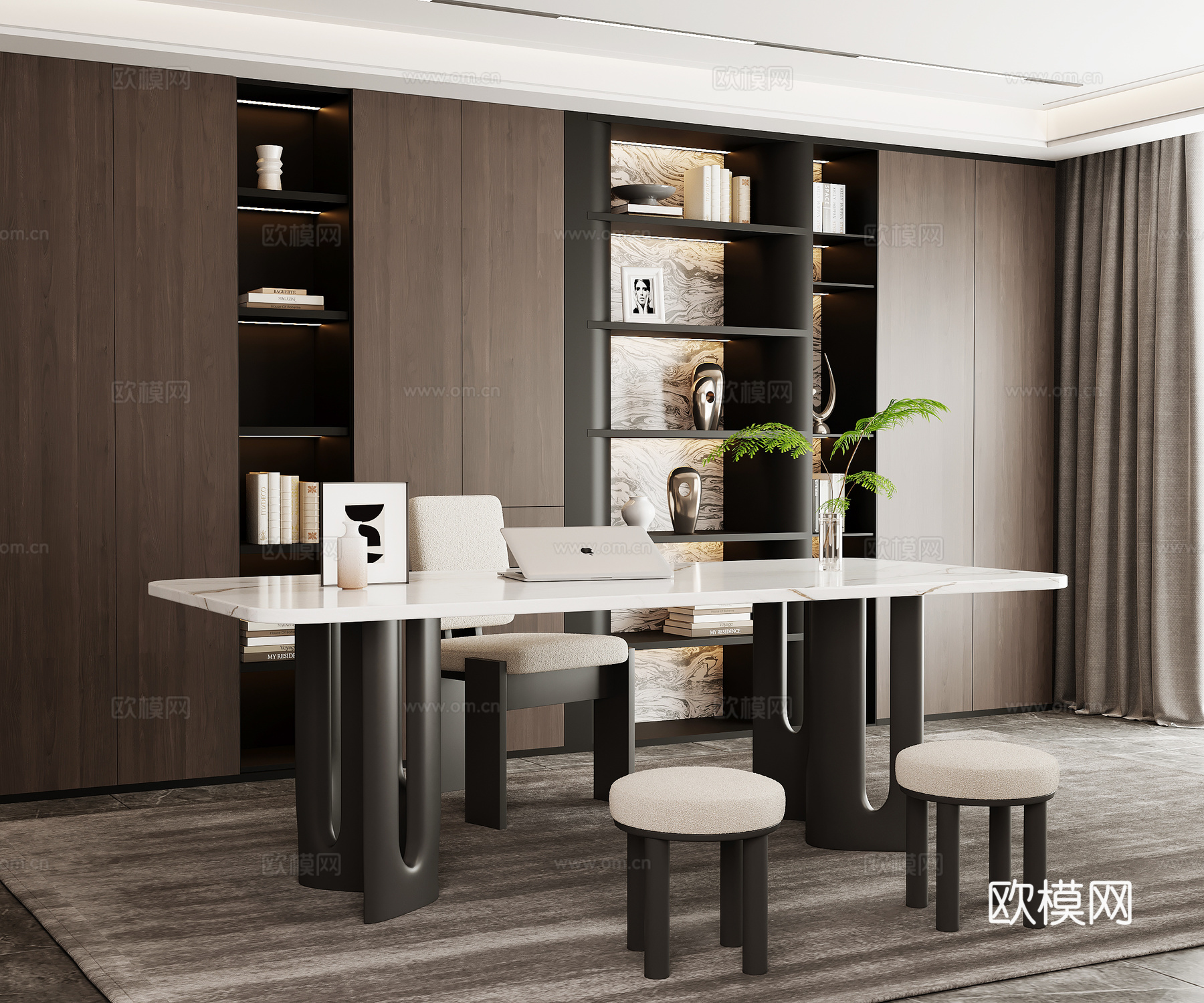 现代意式书房 书桌椅 书柜su模型