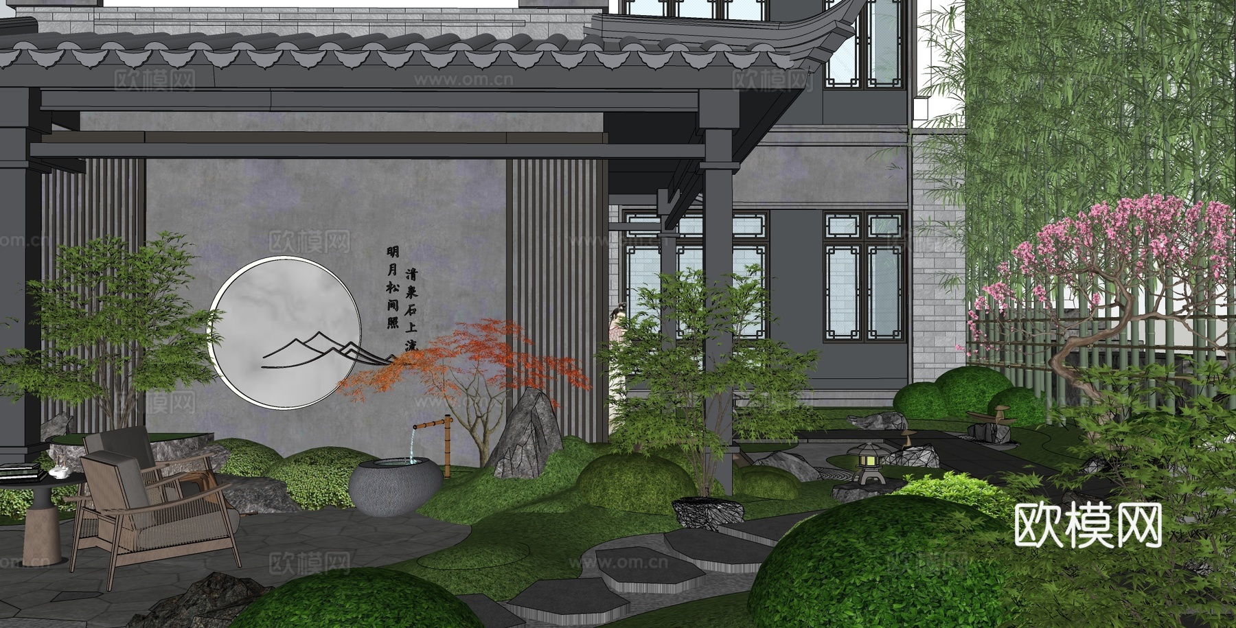 新中式禅意庭院 庭院景观 庭院景墙 庭院花园su模型