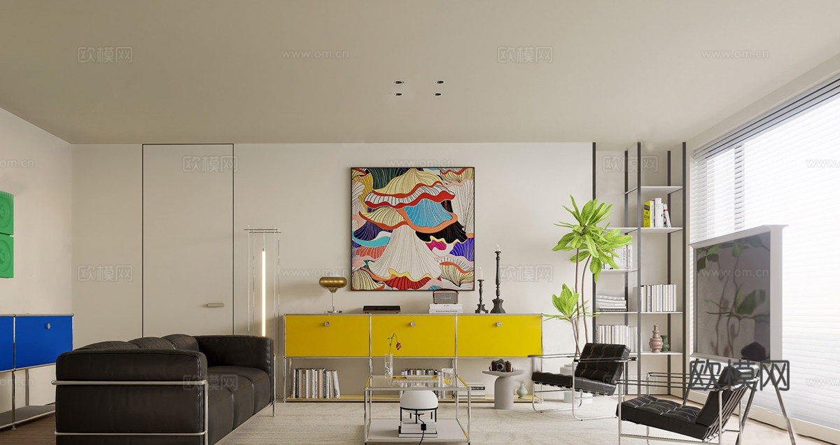 现代复古家居客厅 现代包豪斯客厅su模型