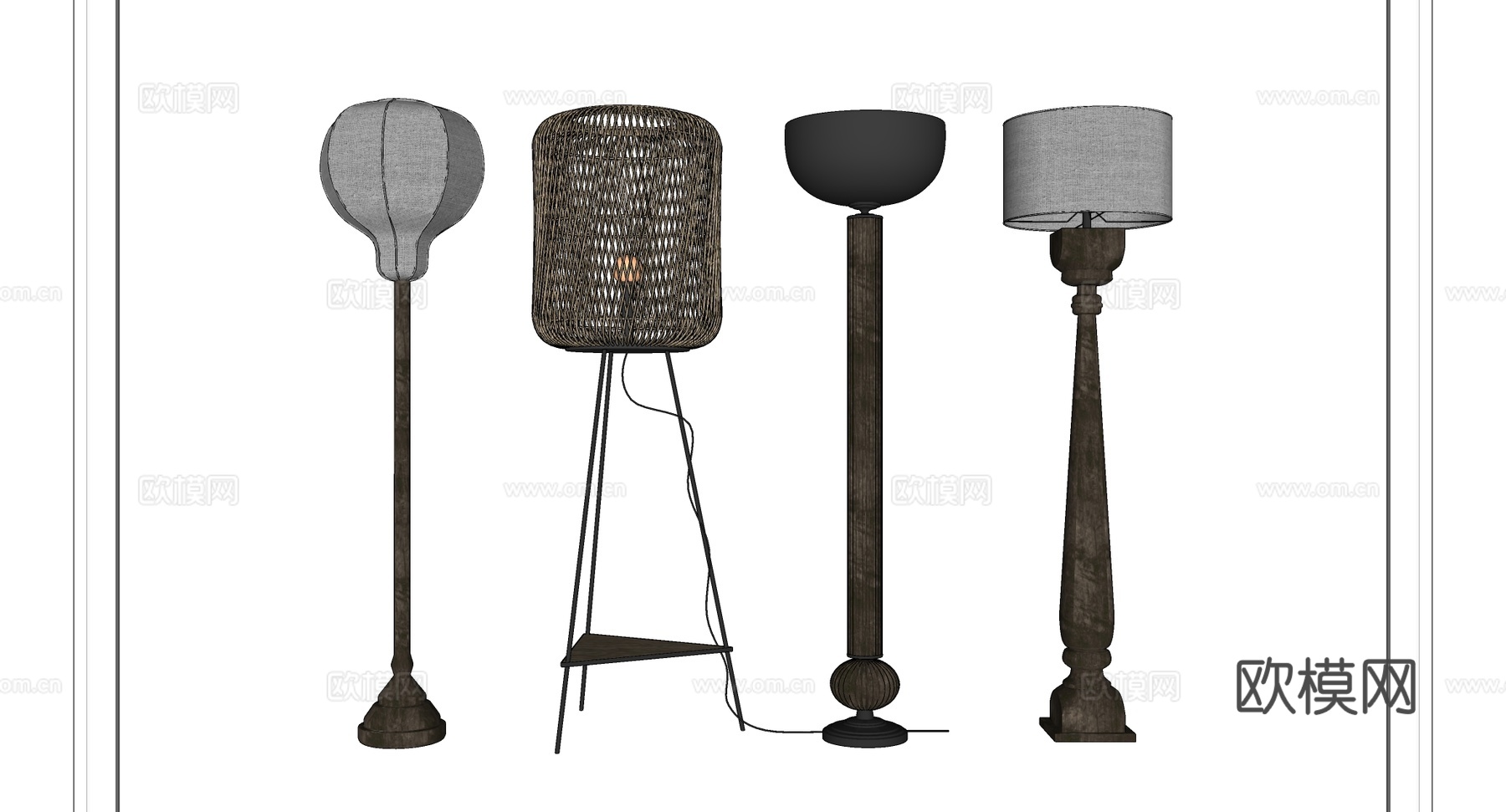 现代简约设计师落地灯 多材质造型 编织布艺 几何灯罩 设计师su模型