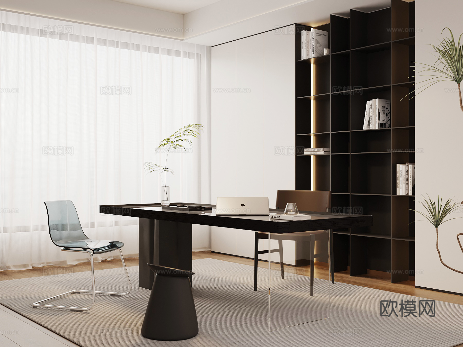 现代书房 书桌椅 书柜su模型