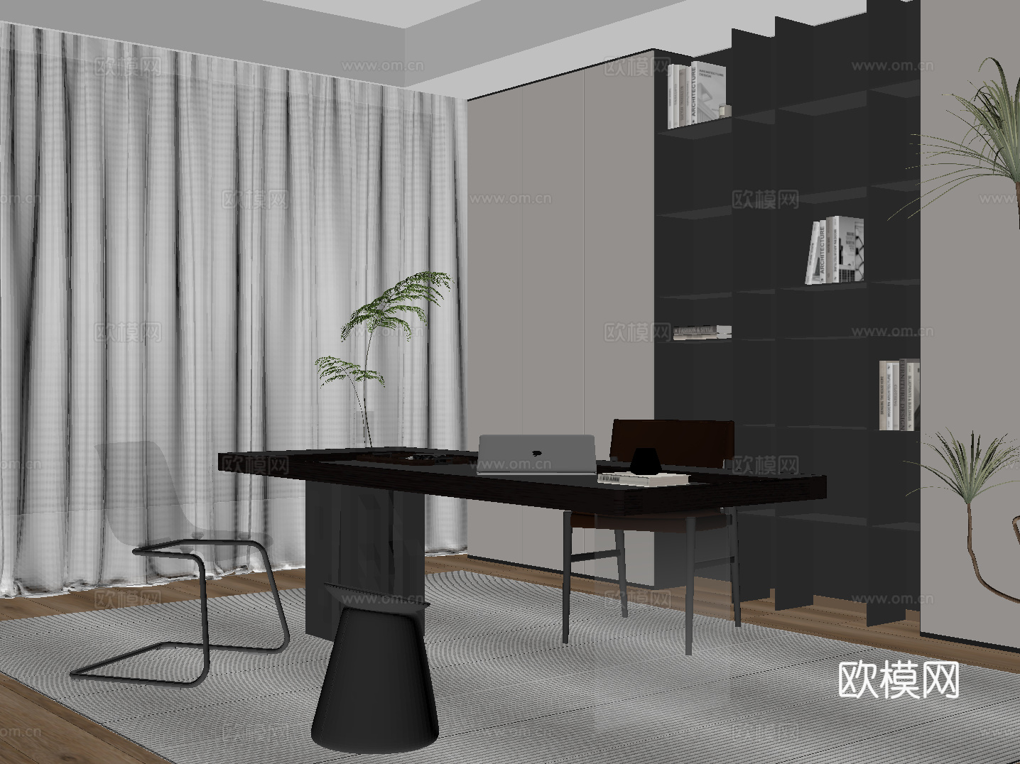现代书房 书桌椅 书柜su模型