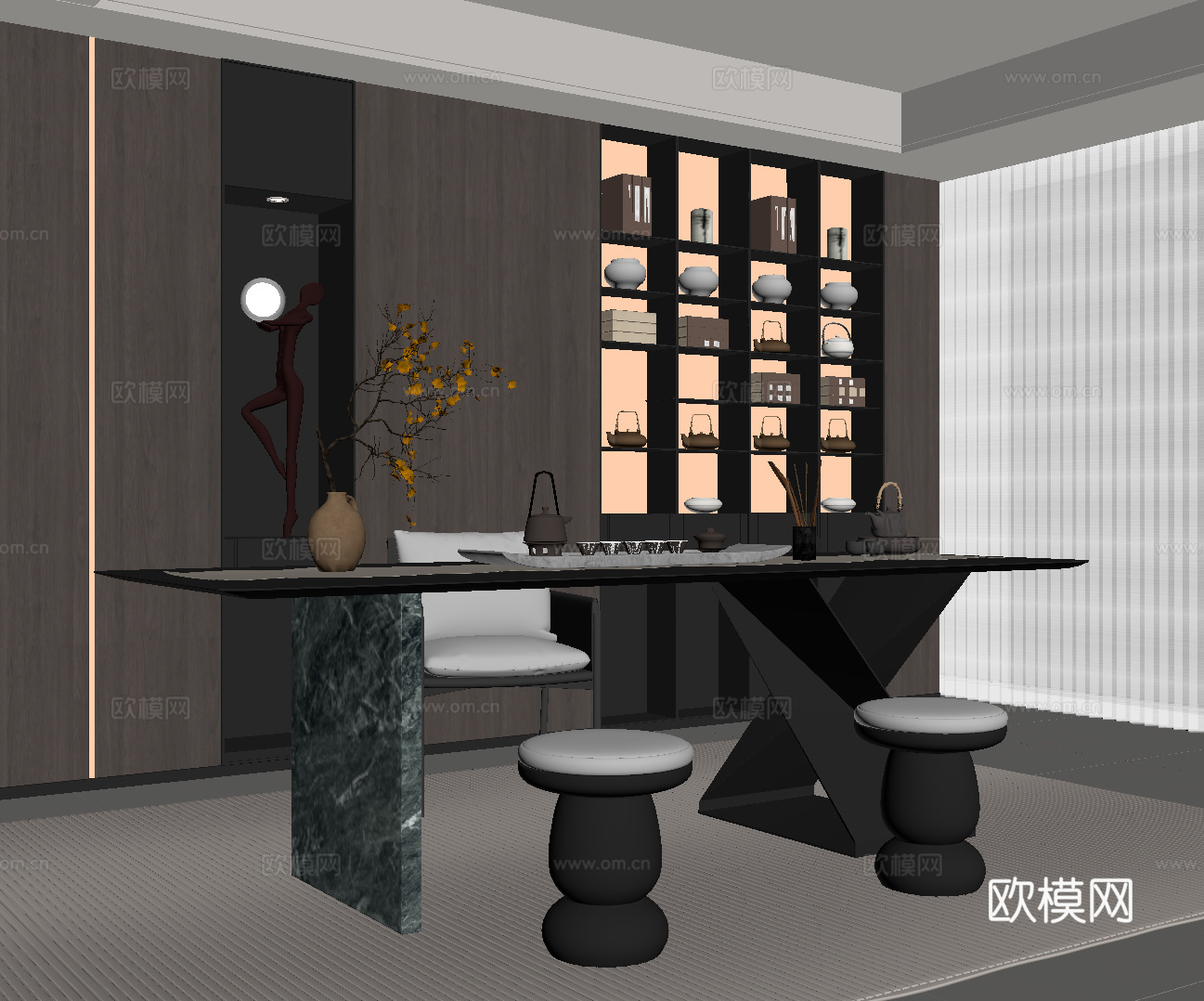 现代意式茶室 茶桌椅 茶柜su模型