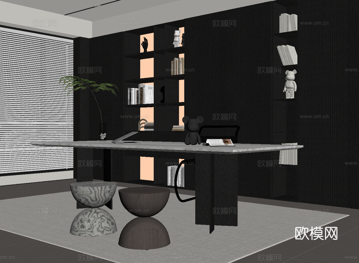 现代意式书房 书桌椅 书柜su模型