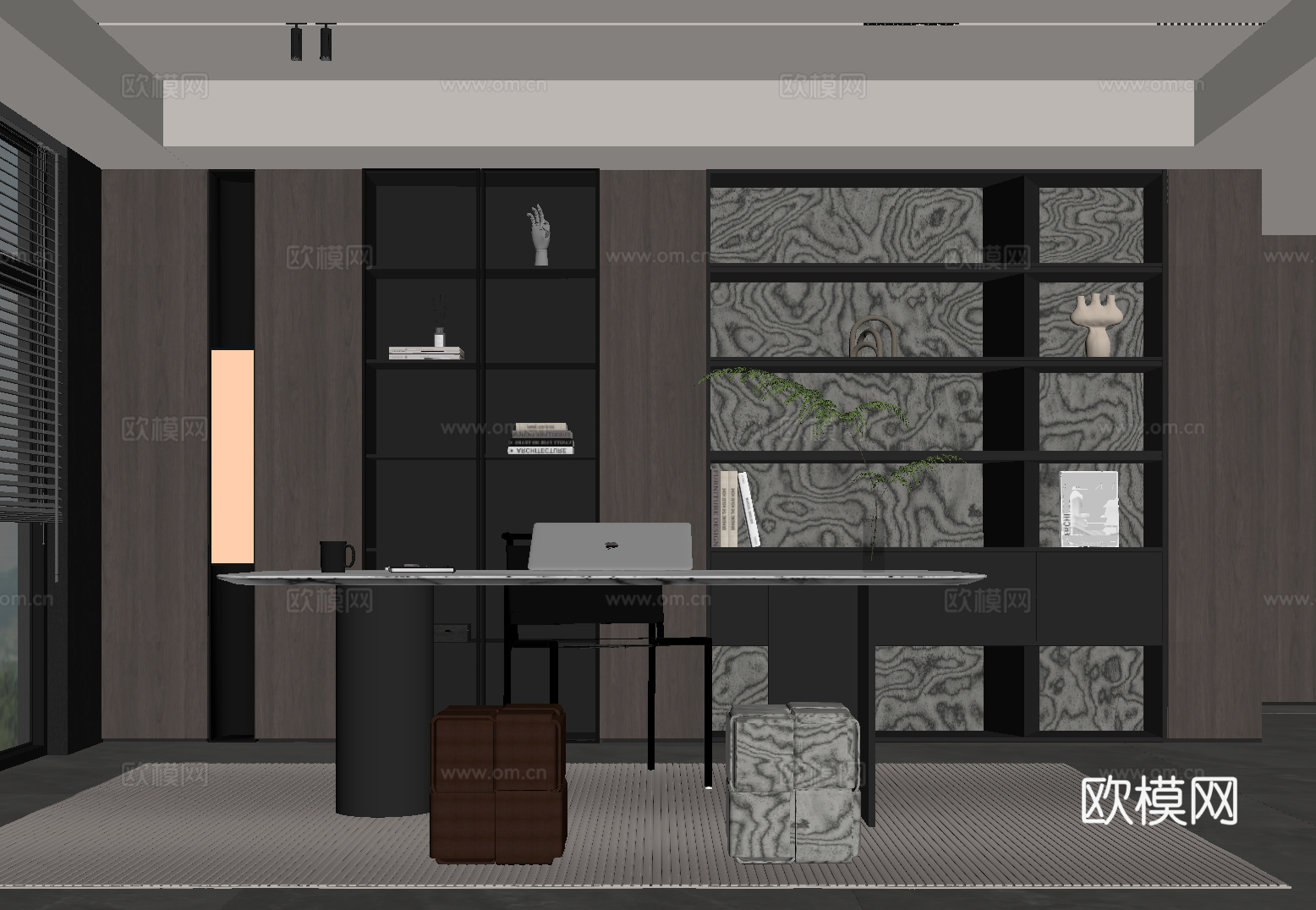现代意式书房 书桌椅 书柜su模型