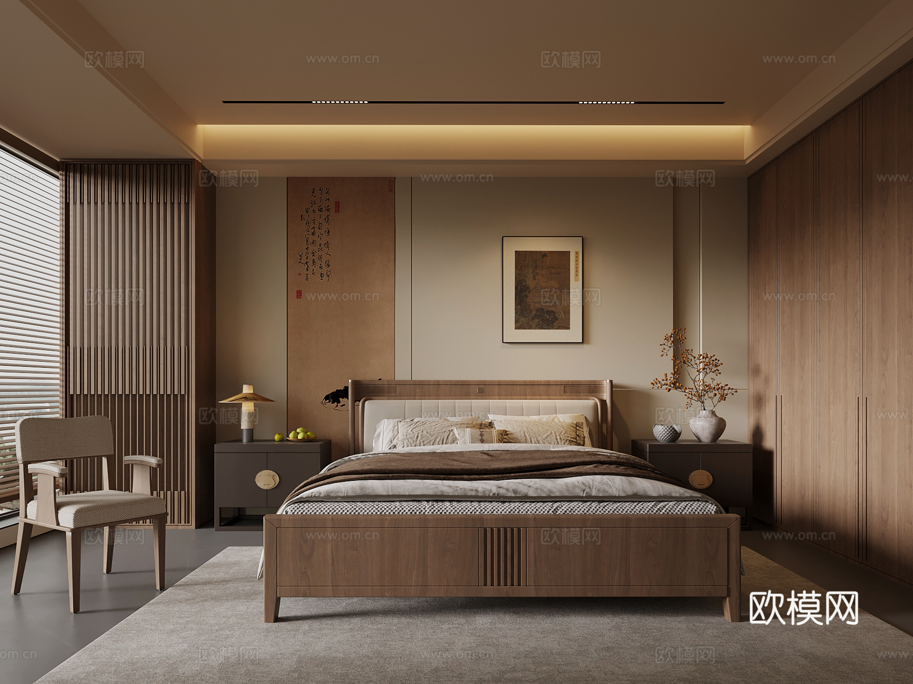 新中式卧室 双人床 衣柜 床头柜 背景墙su模型