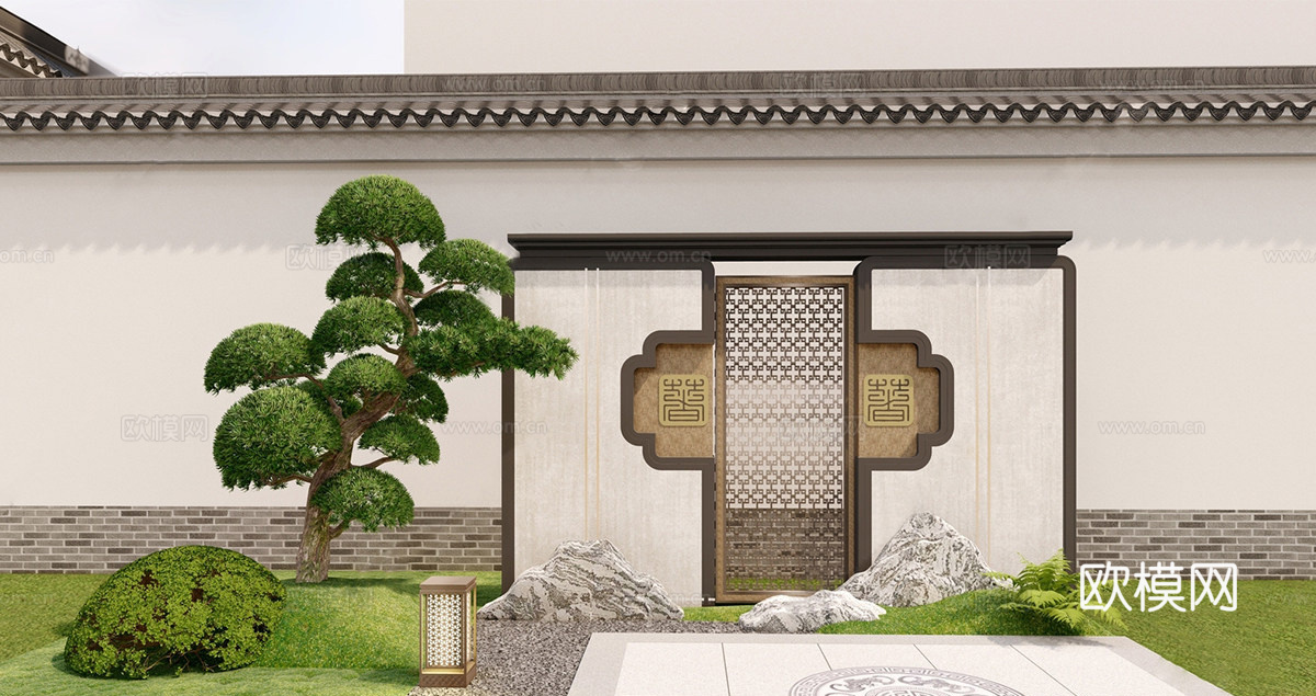 新中式禅意景墙 直线 庭院景墙 庭院 镂空su模型