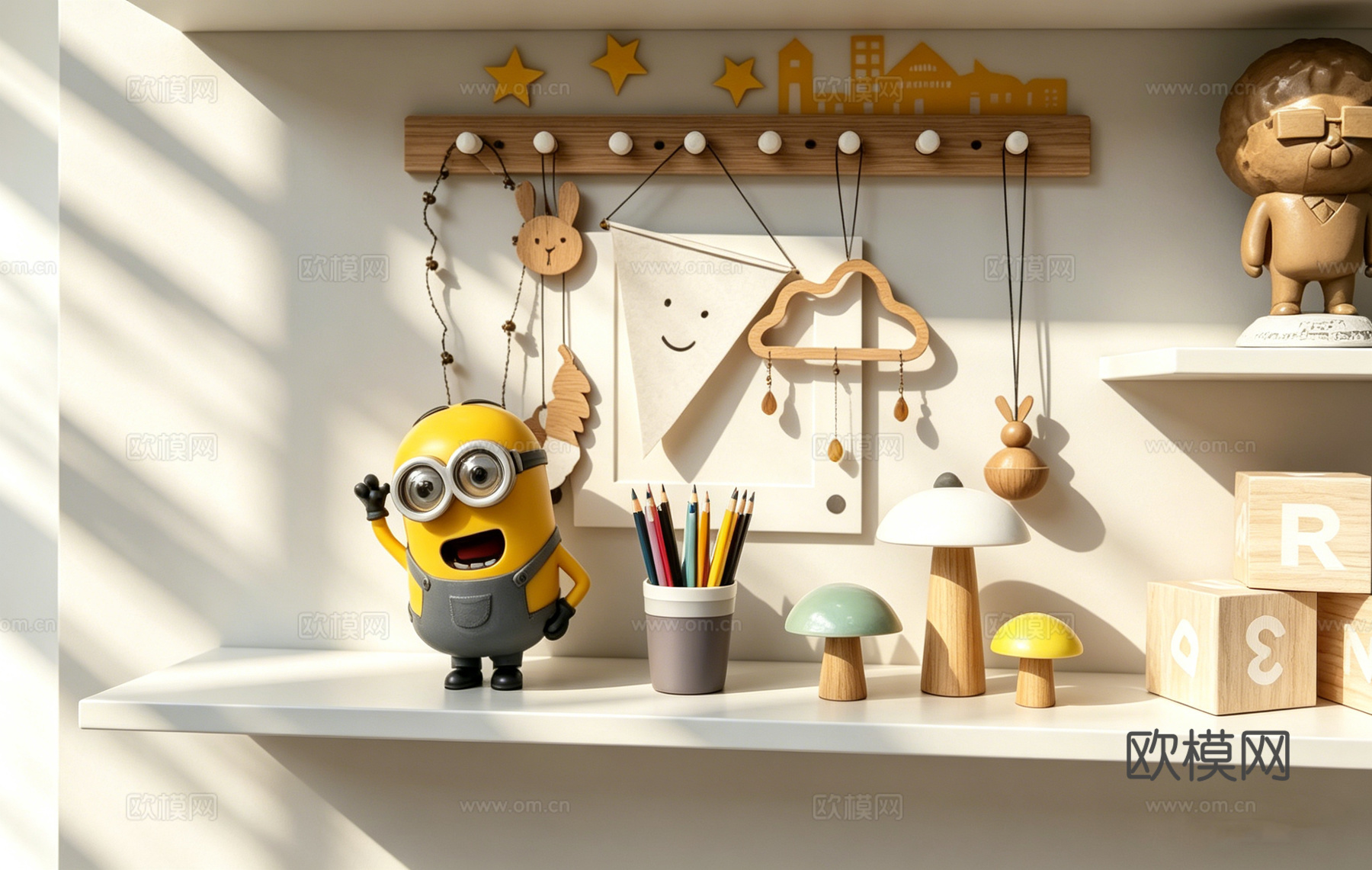 ins风波普趣味儿童房墙面收纳系统 三层架挂钩板含小黄人 摆su模型