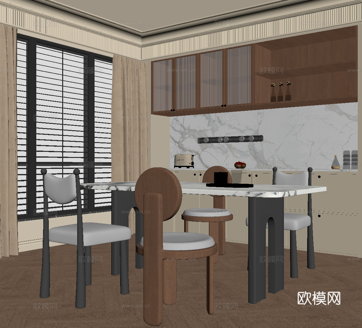 中古餐厅 餐桌椅 餐边柜su模型