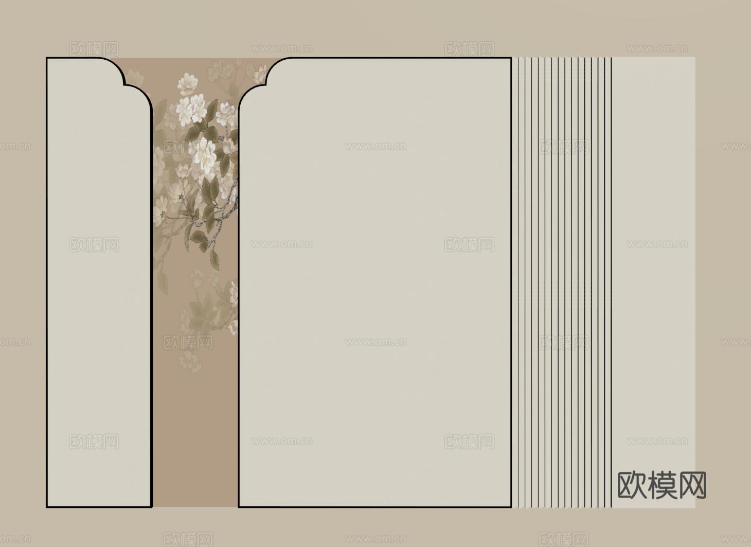 新中式床头背景墙 宋氏卧室背景墙su模型